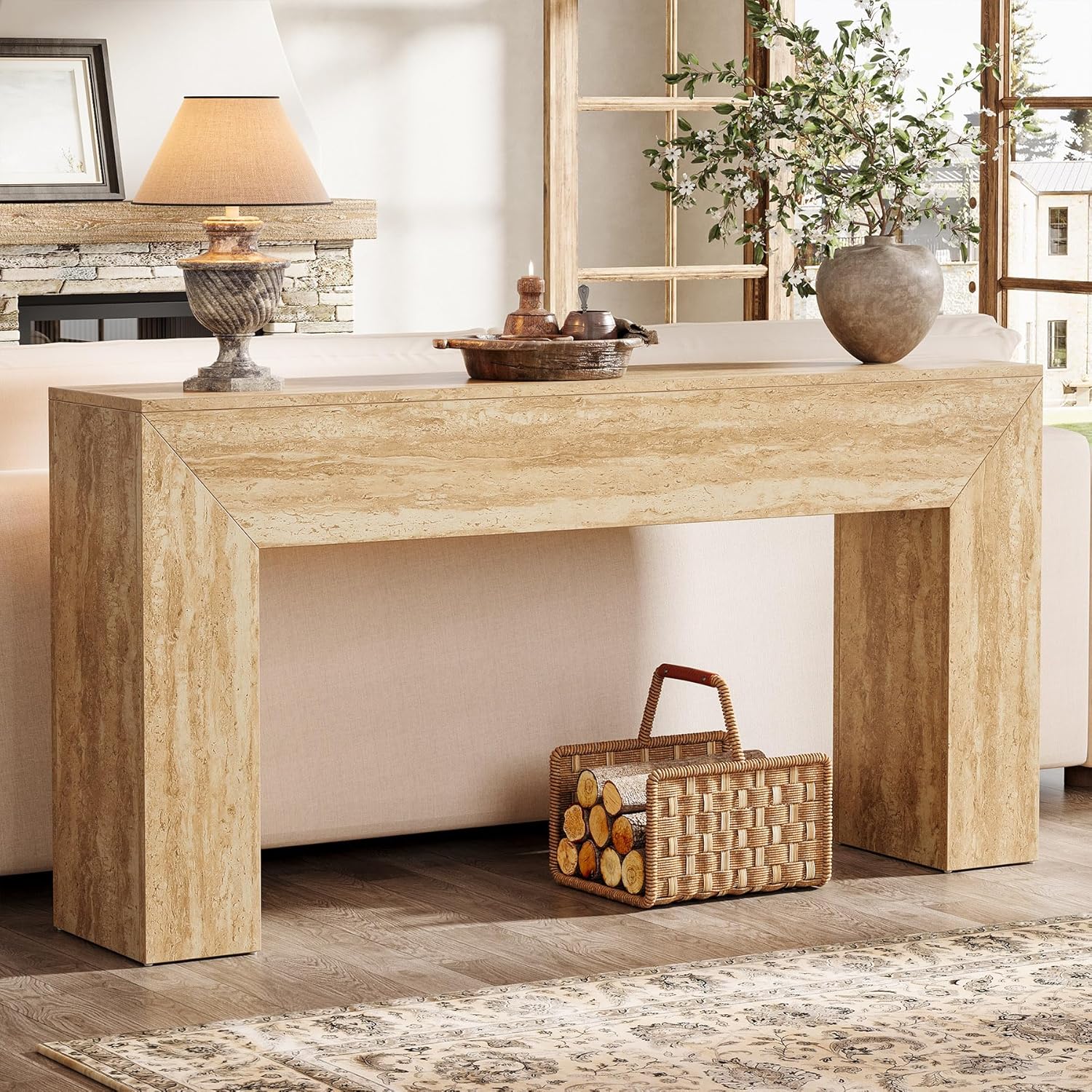 63" Console Table, Modern Entryway Table with Faux Travertine Finish