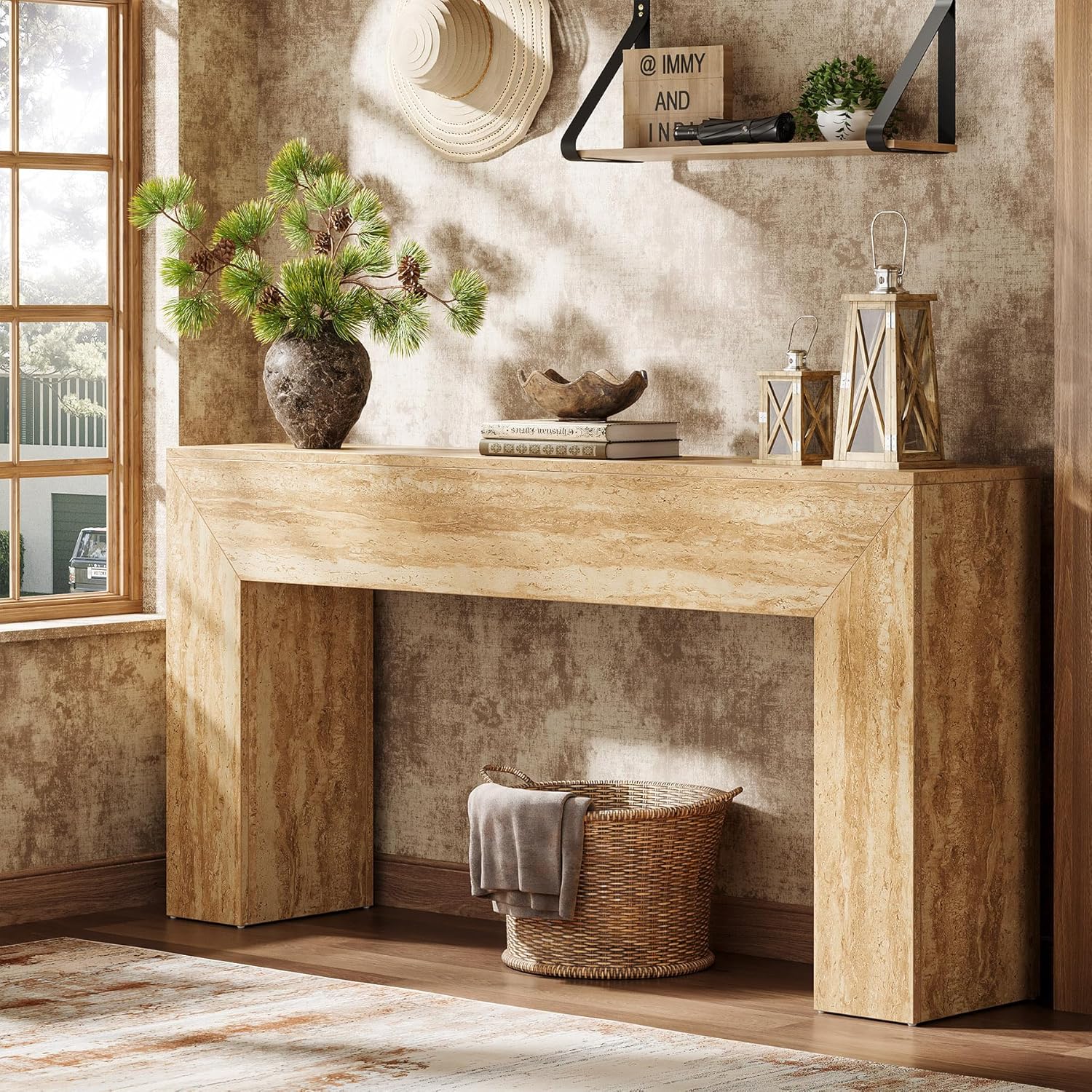 63" Console Table, Modern Entryway Table with Faux Travertine Finish