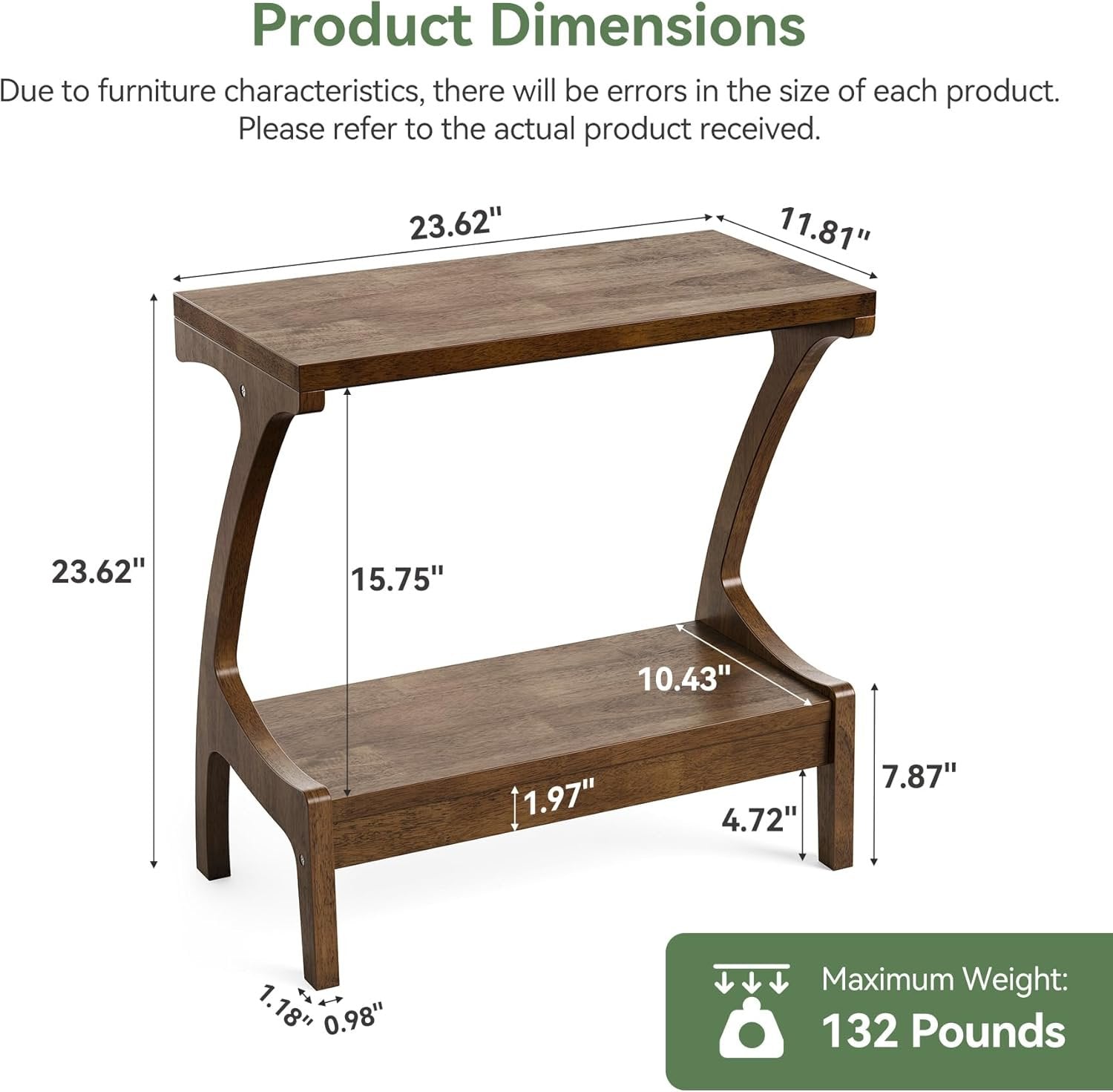 Solid Wood End Table, Narrow Side Table with 2-Tier Storage Shelf