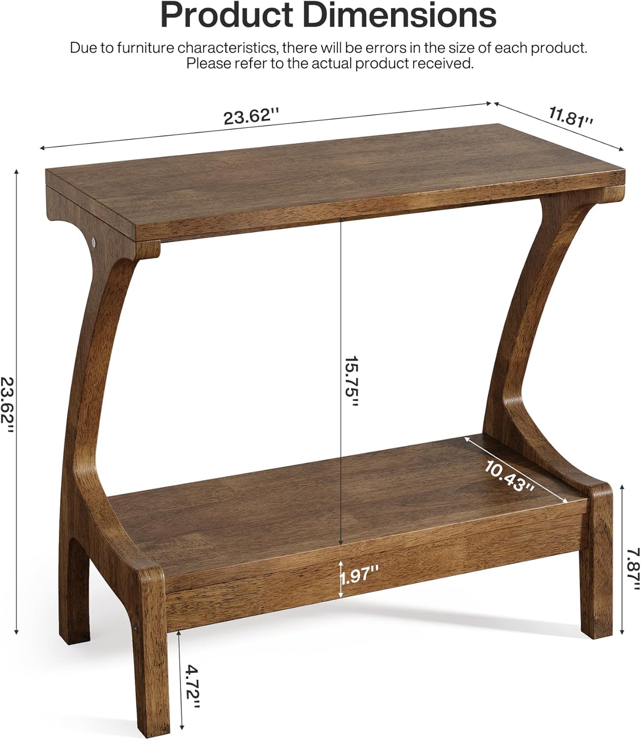 Solid Wood End Table, Narrow Side Table with 2-Tier Storage Shelf