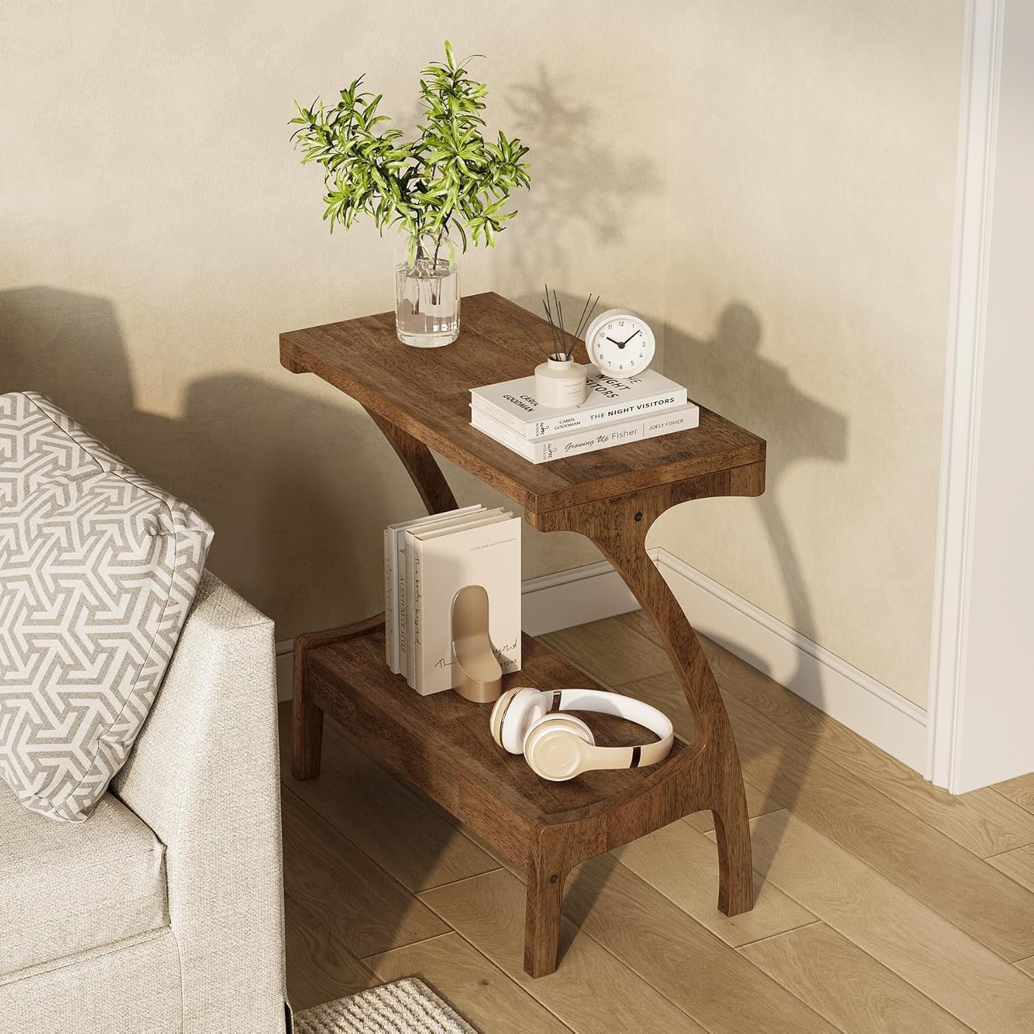 Solid Wood End Table, Narrow Side Table with 2-Tier Storage Shelf