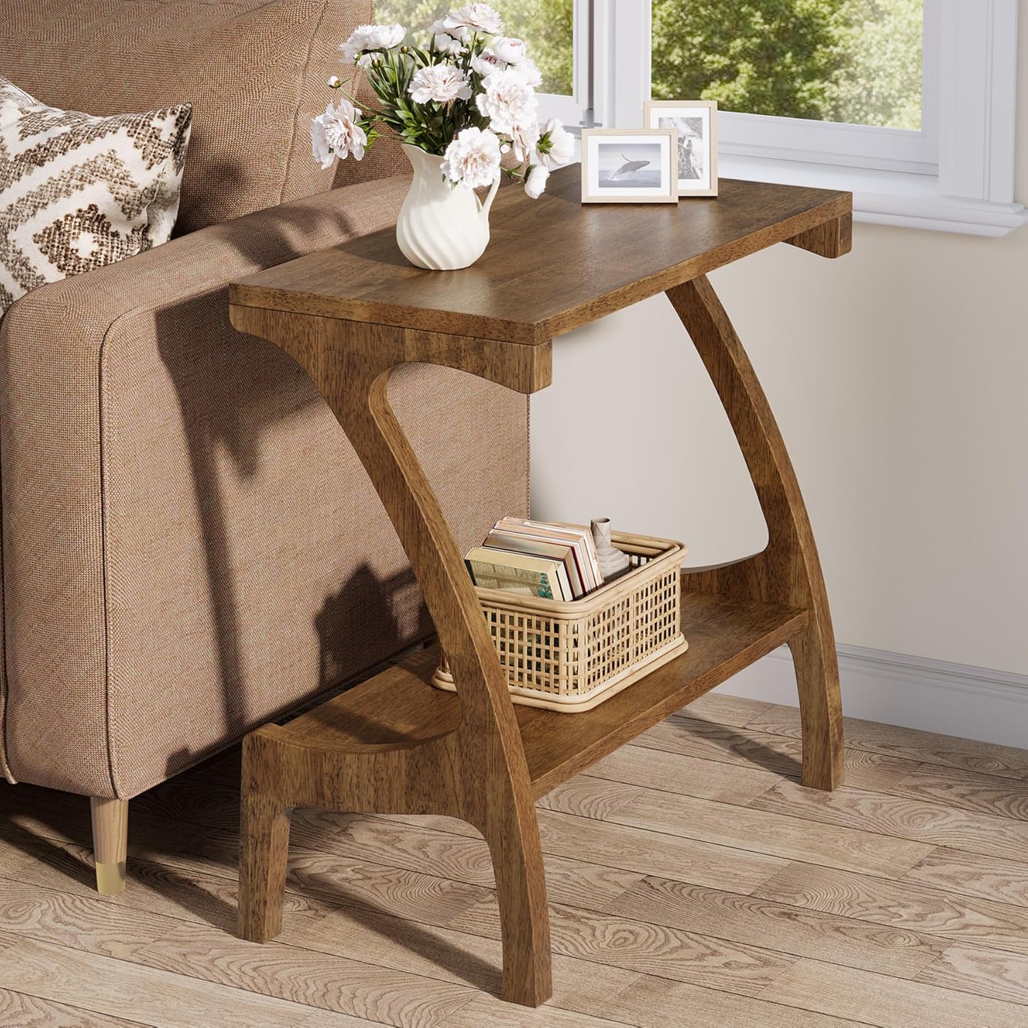 Solid Wood End Table, Narrow Side Table with 2-Tier Storage Shelf