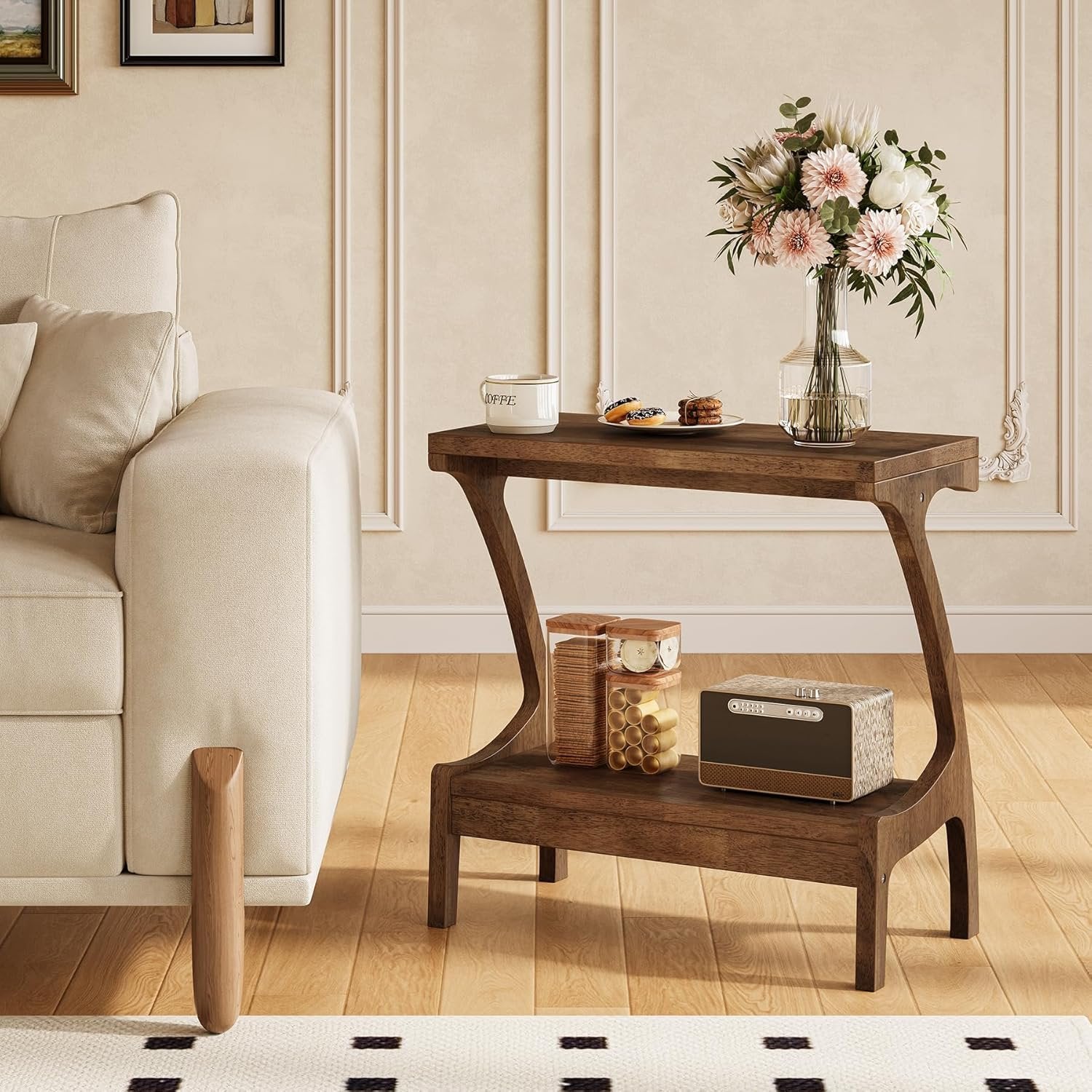 Solid Wood End Table, Narrow Side Table with 2-Tier Storage Shelf