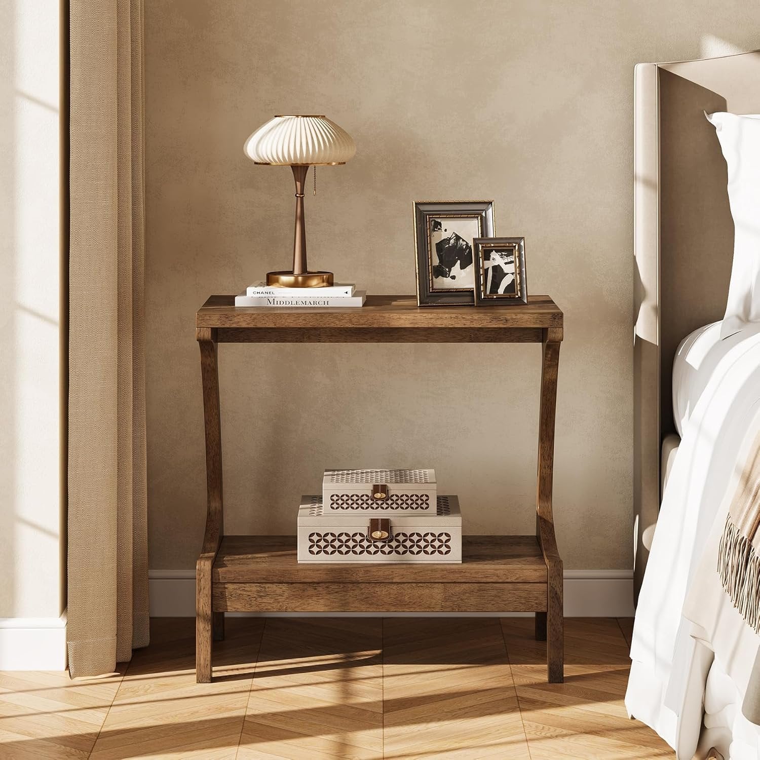 Solid Wood End Table, Narrow Side Table with 2-Tier Storage Shelf