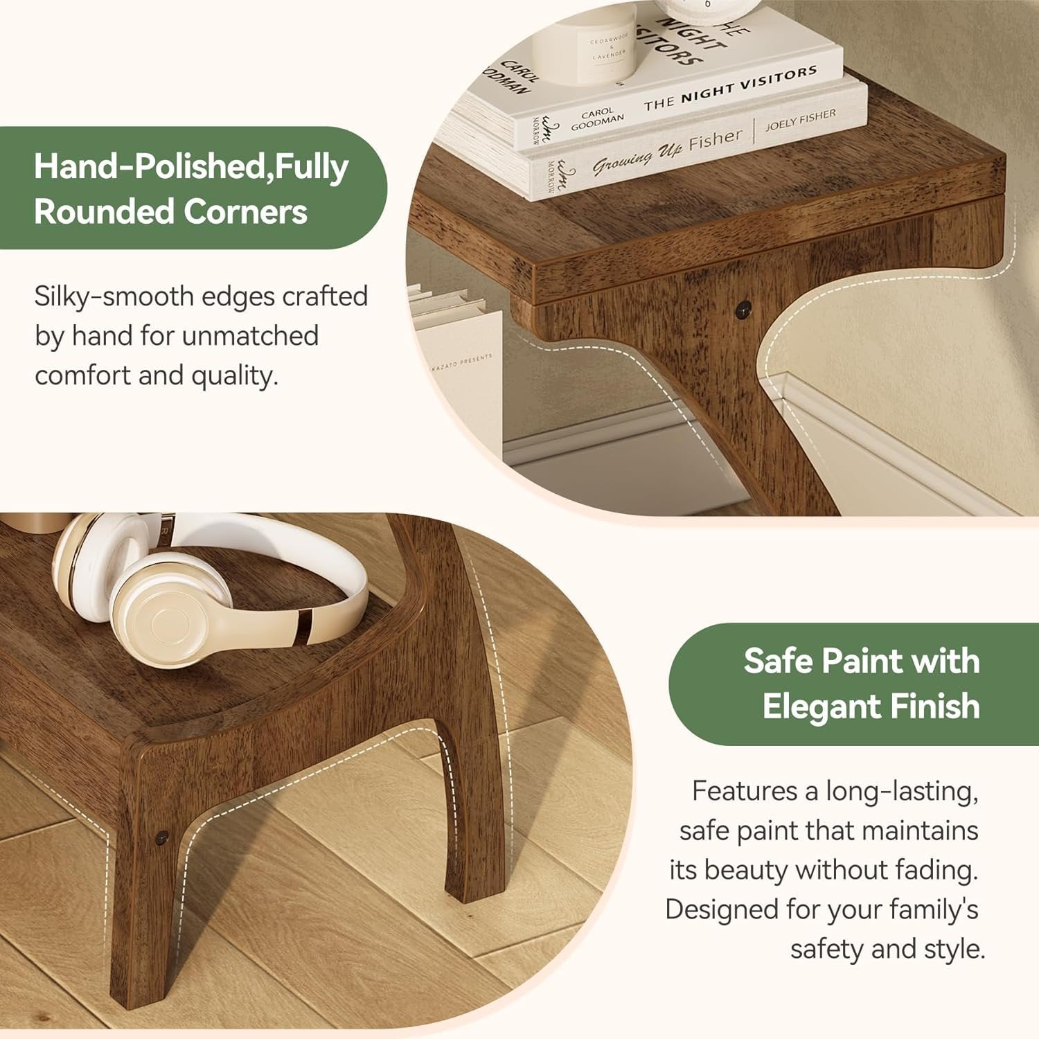 Solid Wood End Table, Narrow Side Table with 2-Tier Storage Shelf