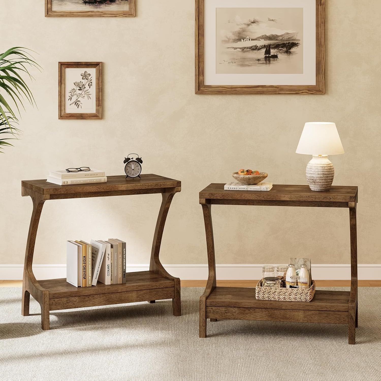 Solid Wood End Table, Narrow Side Table with 2-Tier Storage Shelf