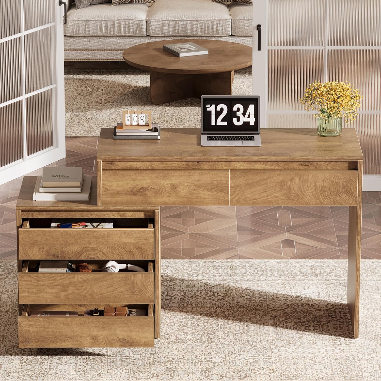 Computer Desk with 5 Drawers, Executive Home Office Desk with File Cabinet