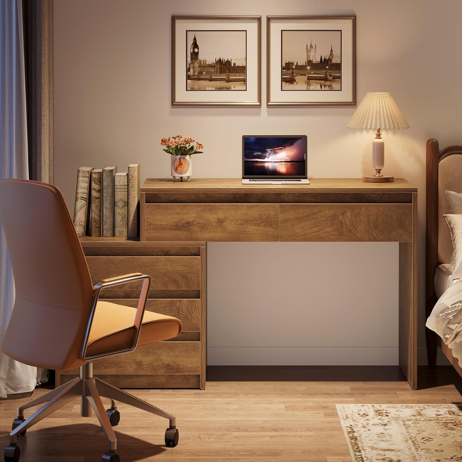 Computer Desk with 5 Drawers, Executive Home Office Desk with File Cabinet