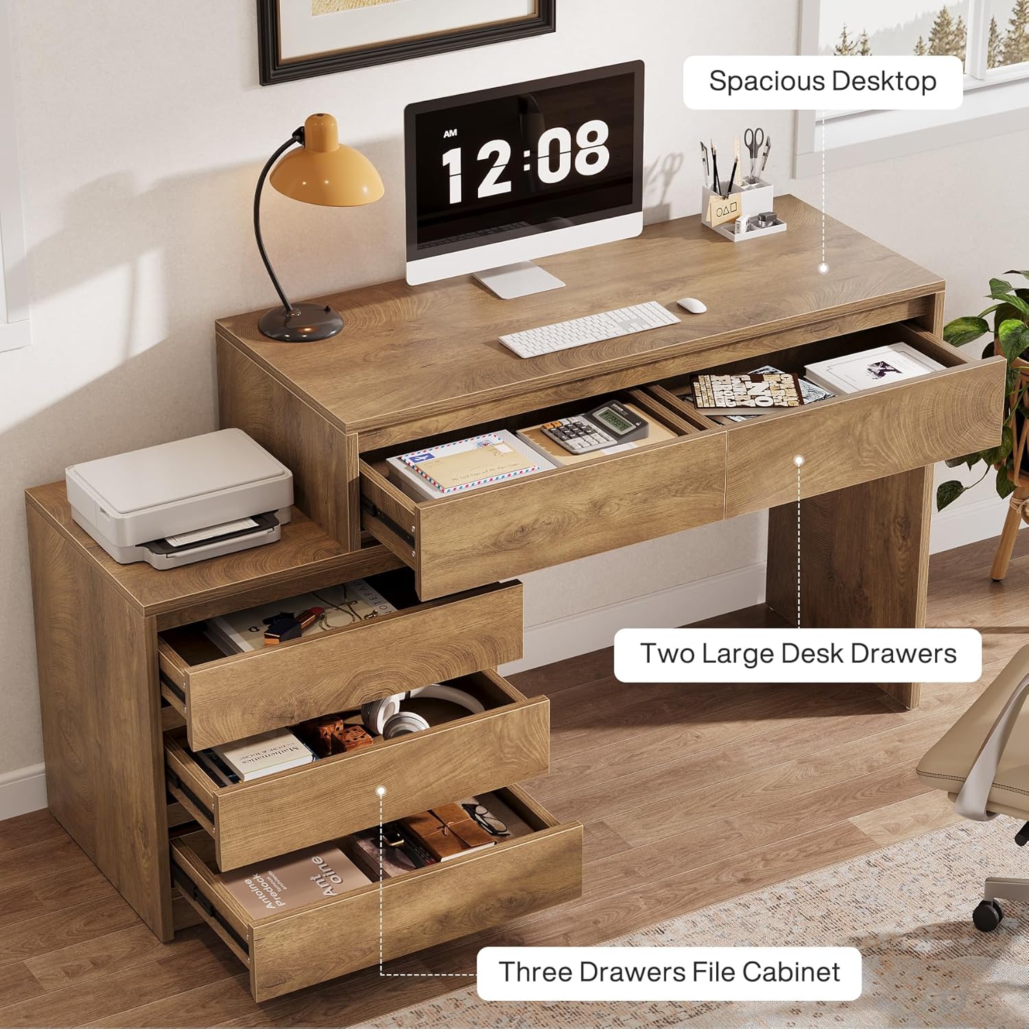 Computer Desk with 5 Drawers, Executive Home Office Desk with File Cabinet