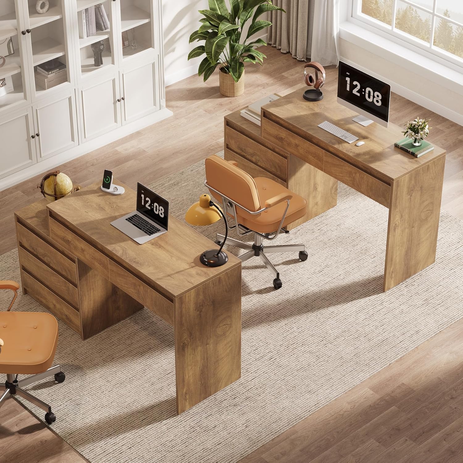 Computer Desk with 5 Drawers, Executive Home Office Desk with File Cabinet