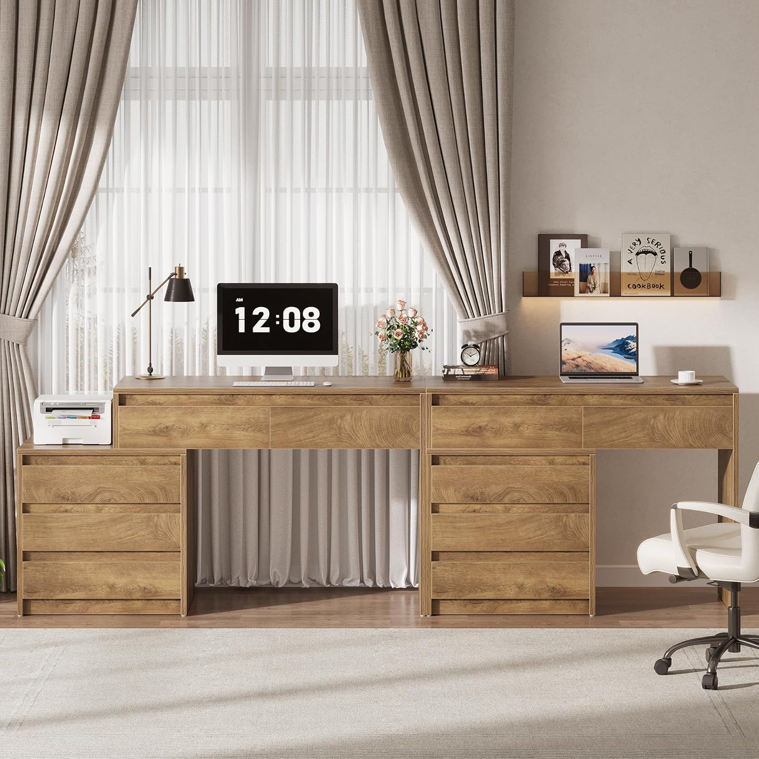 Computer Desk with 5 Drawers, Executive Home Office Desk with File Cabinet