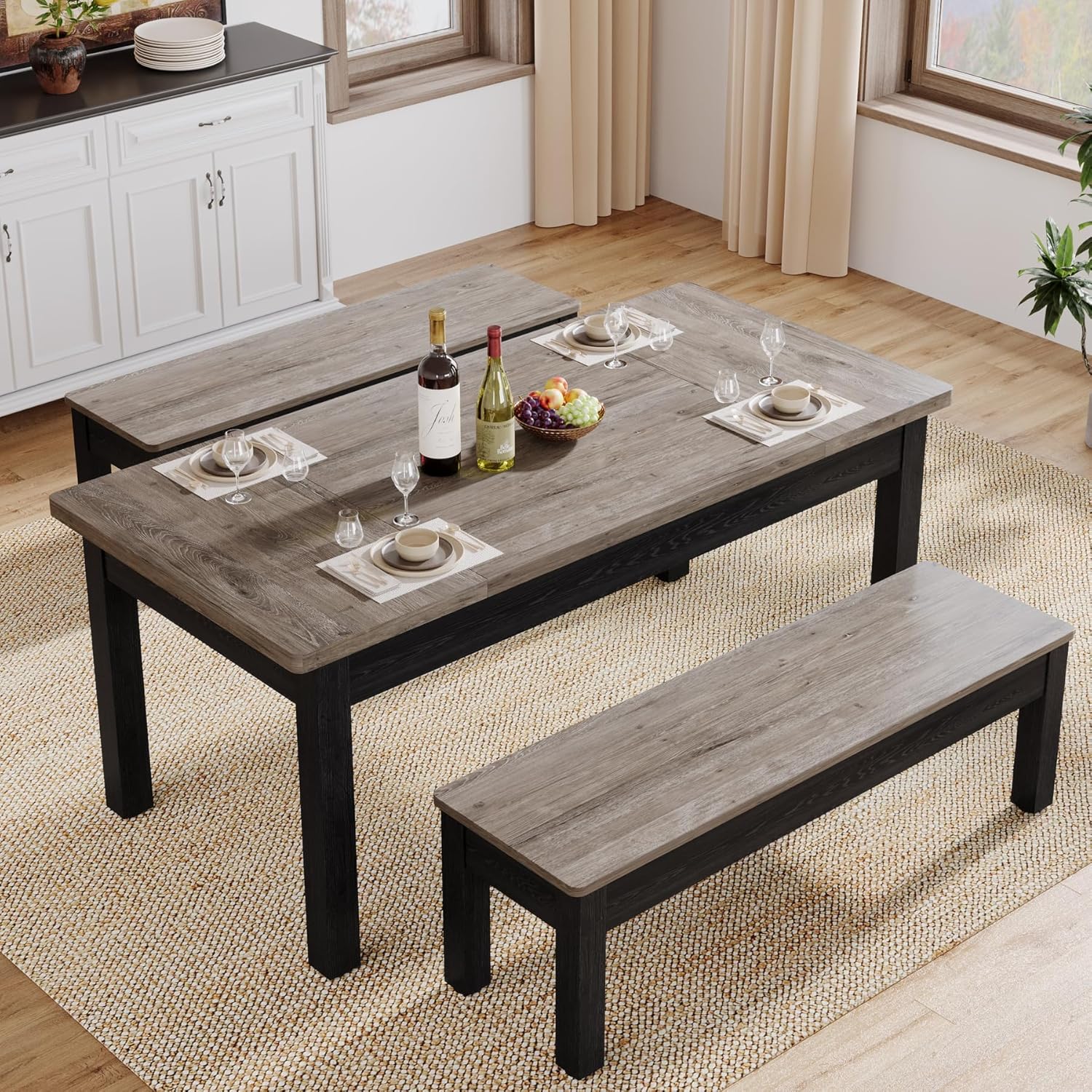 55" Dining Table Set, 3 Pieces Wood Kitchen Table with 2 Benches Tribesigns