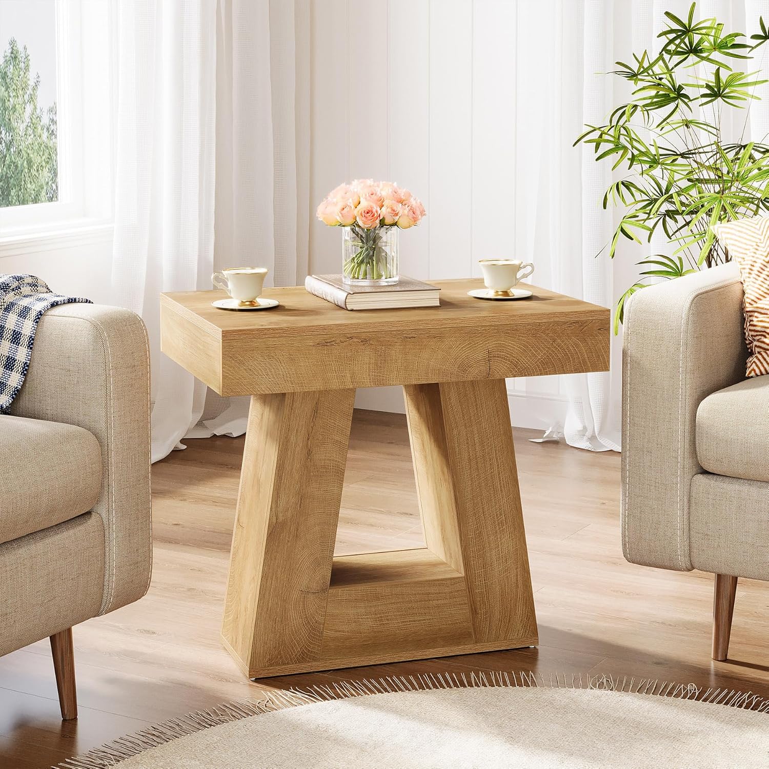 24" End Table, 2 - Tier Narrow Side Table with Trapezoid Base Tribesigns