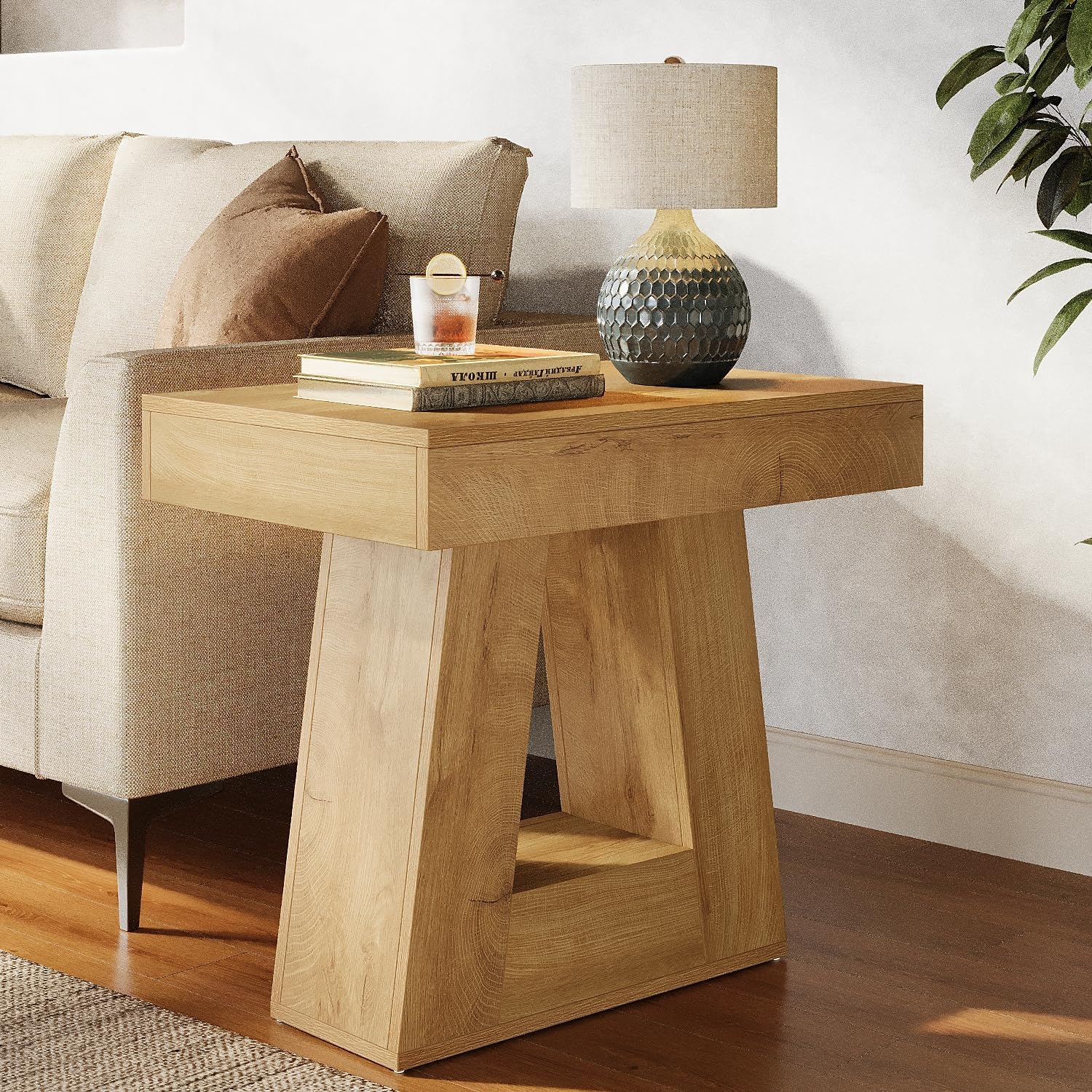 24" End Table, 2 - Tier Narrow Side Table with Trapezoid Base Tribesigns