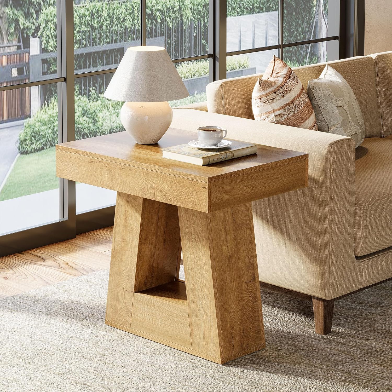 24" End Table, 2 - Tier Narrow Side Table with Trapezoid Base Tribesigns