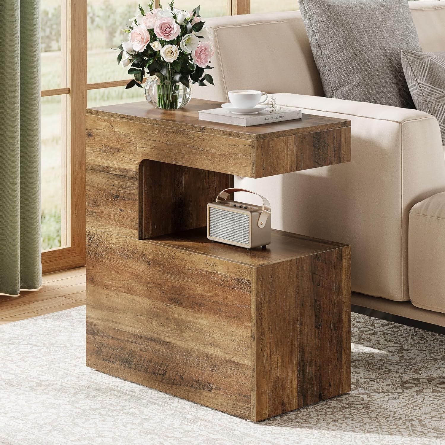 C - Shaped End Table, 25.59" Side Table with 2 - Tier Storage Shelf Tribesigns