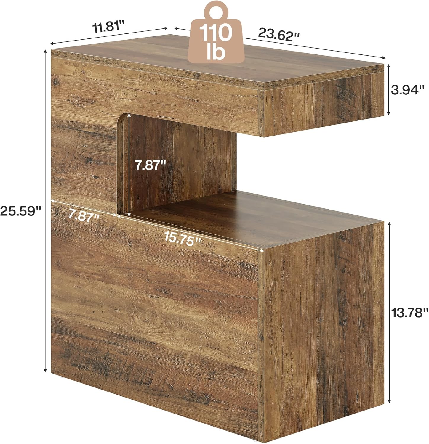 C - Shaped End Table, 25.59" Side Table with 2 - Tier Storage Shelf Tribesigns
