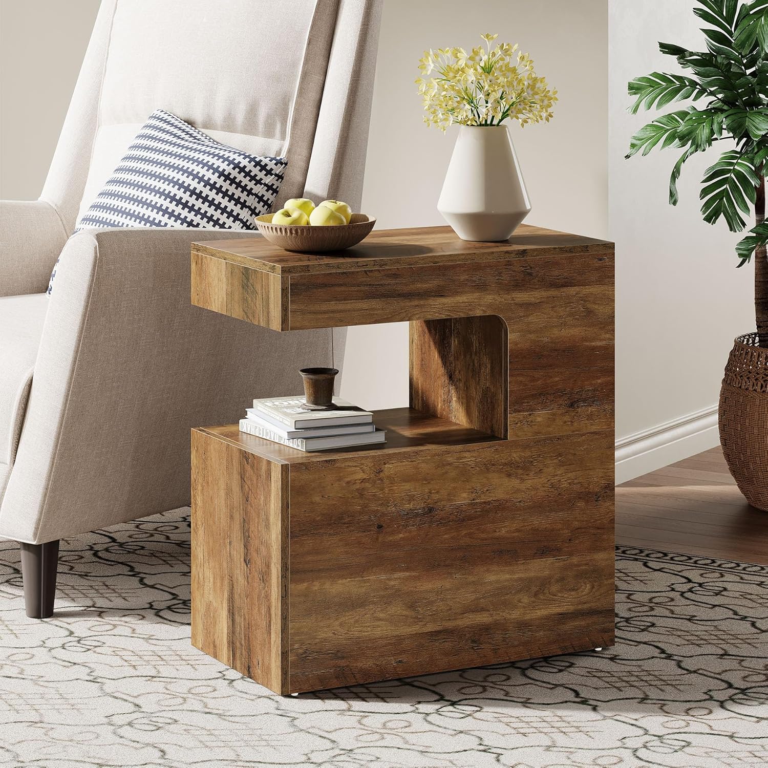 C - Shaped End Table, 25.59" Side Table with 2 - Tier Storage Shelf Tribesigns