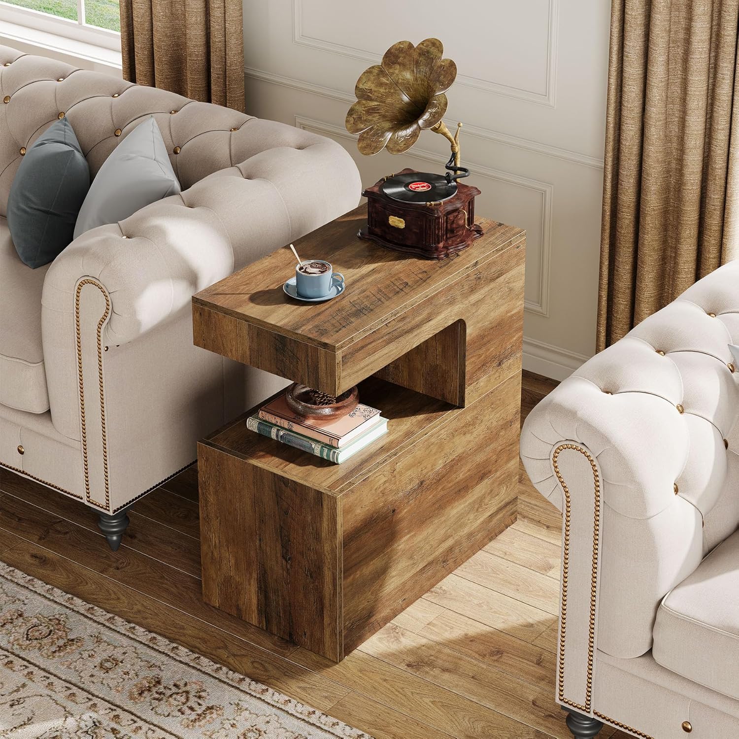 C - Shaped End Table, 25.59" Side Table with 2 - Tier Storage Shelf Tribesigns