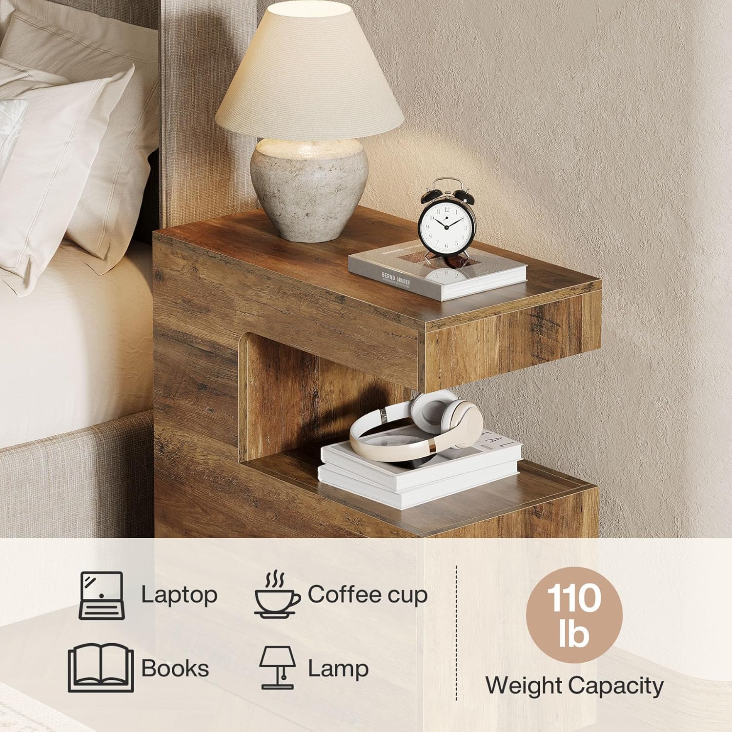 C - Shaped End Table, 25.59" Side Table with 2 - Tier Storage Shelf Tribesigns