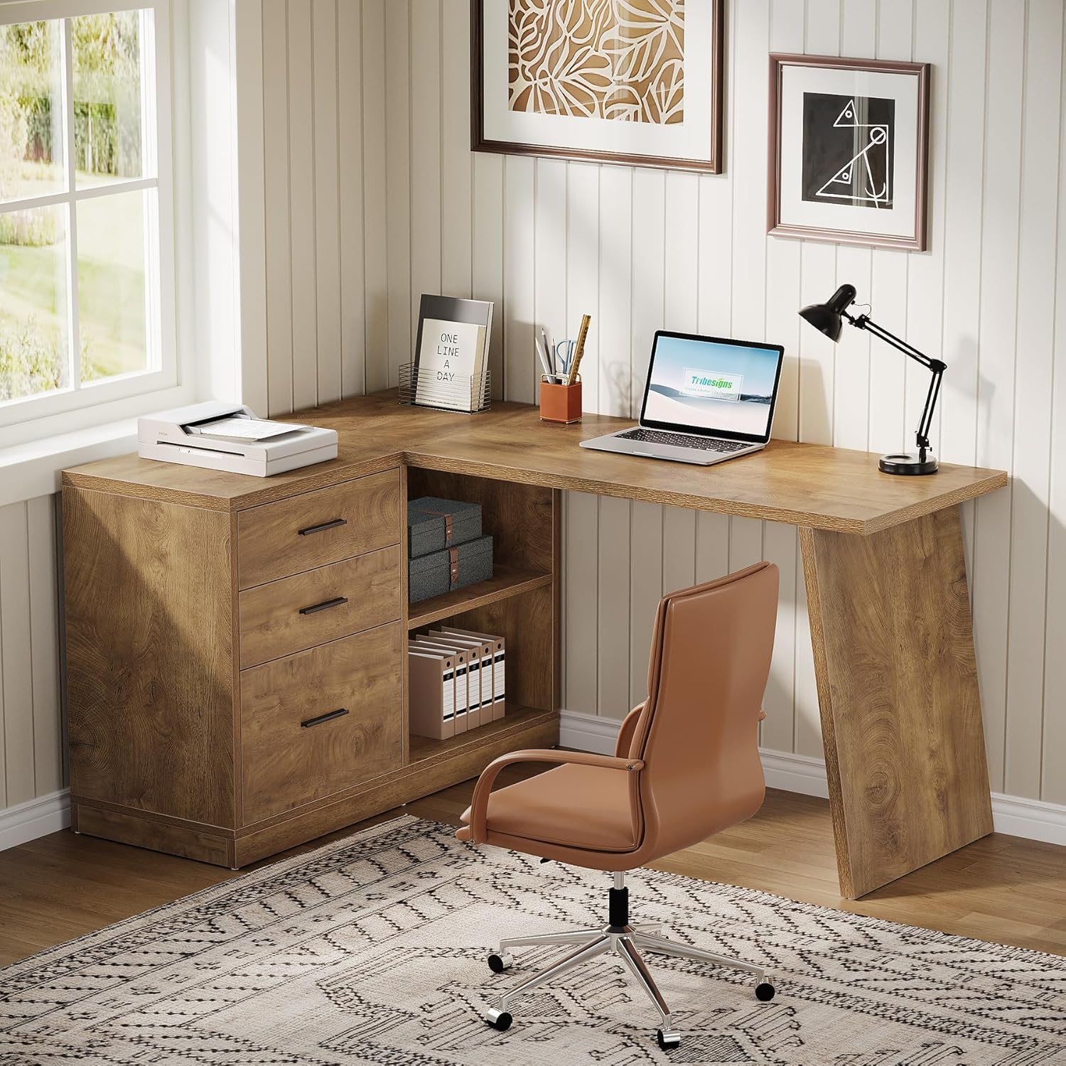 55" L - Shaped Computer Desk, Corner Executive Desk Home Office Desk with 3 Drawers Tribesigns