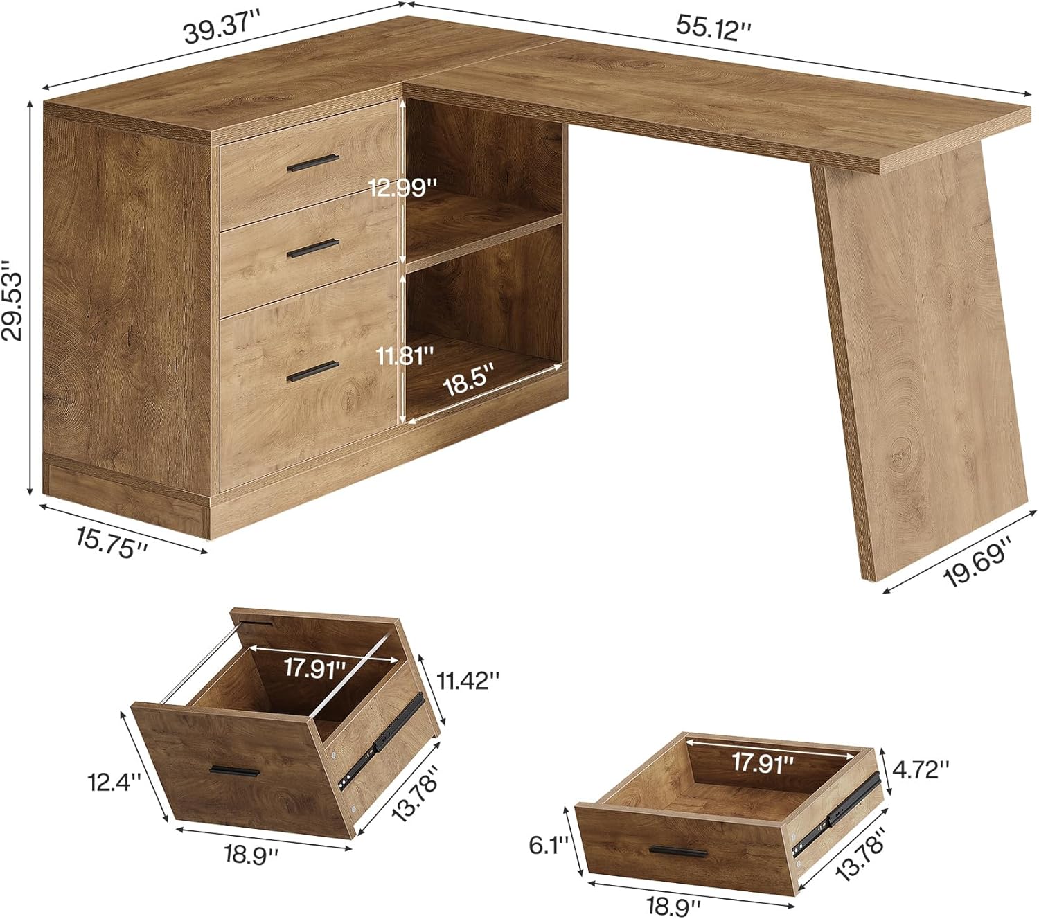 55" L - Shaped Computer Desk, Corner Executive Desk Home Office Desk with 3 Drawers Tribesigns