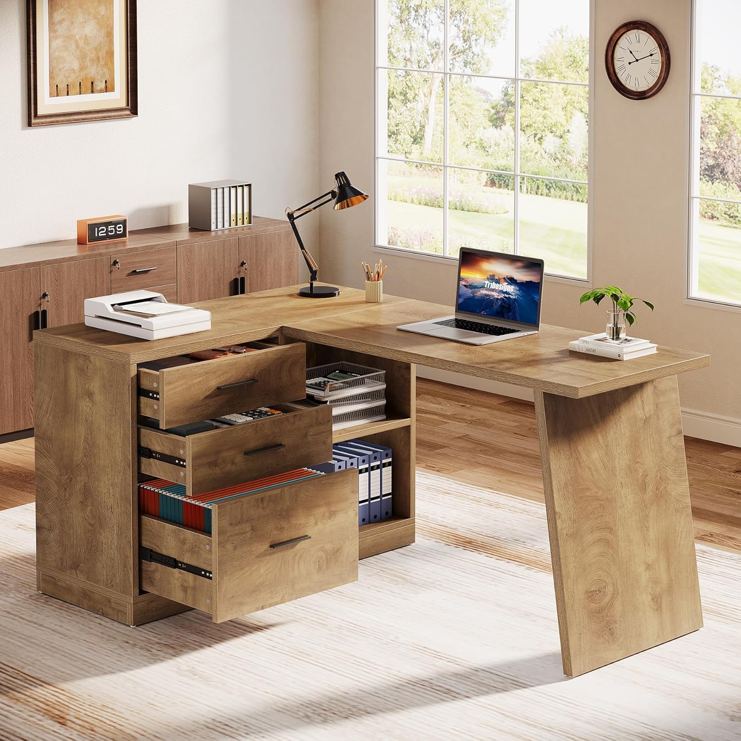 55" L - Shaped Computer Desk, Corner Executive Desk Home Office Desk with 3 Drawers Tribesigns