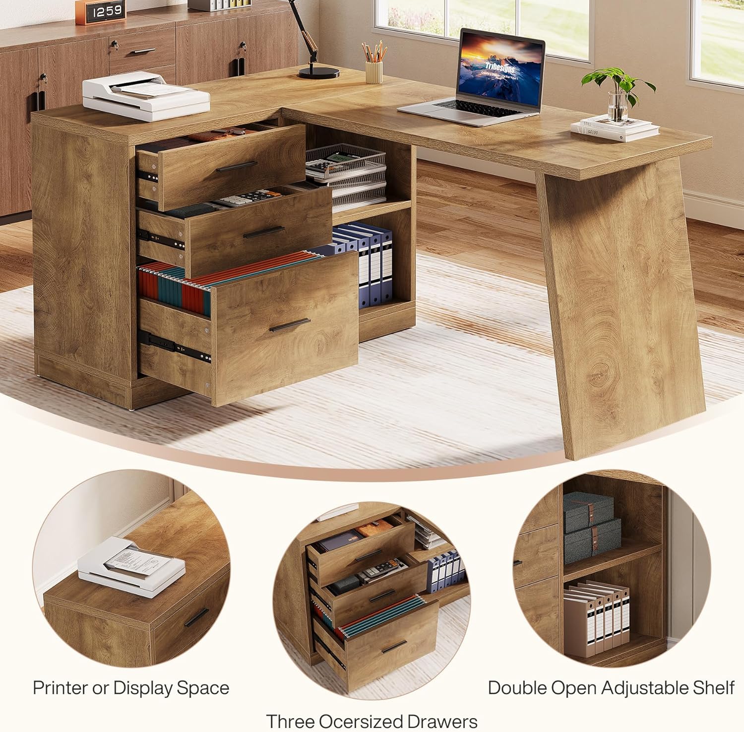 55" L - Shaped Computer Desk, Corner Executive Desk Home Office Desk with 3 Drawers Tribesigns