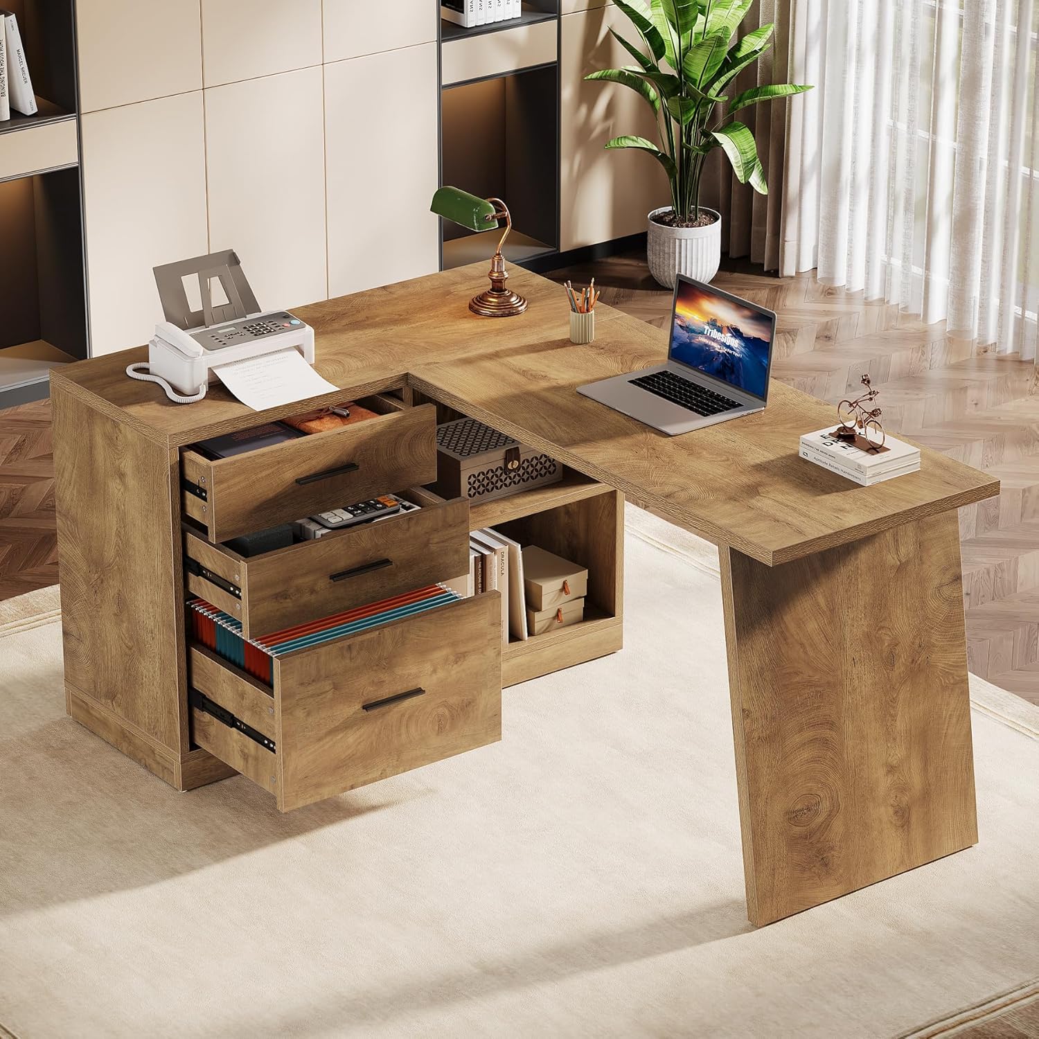 55" L - Shaped Computer Desk, Corner Executive Desk Home Office Desk with 3 Drawers Tribesigns