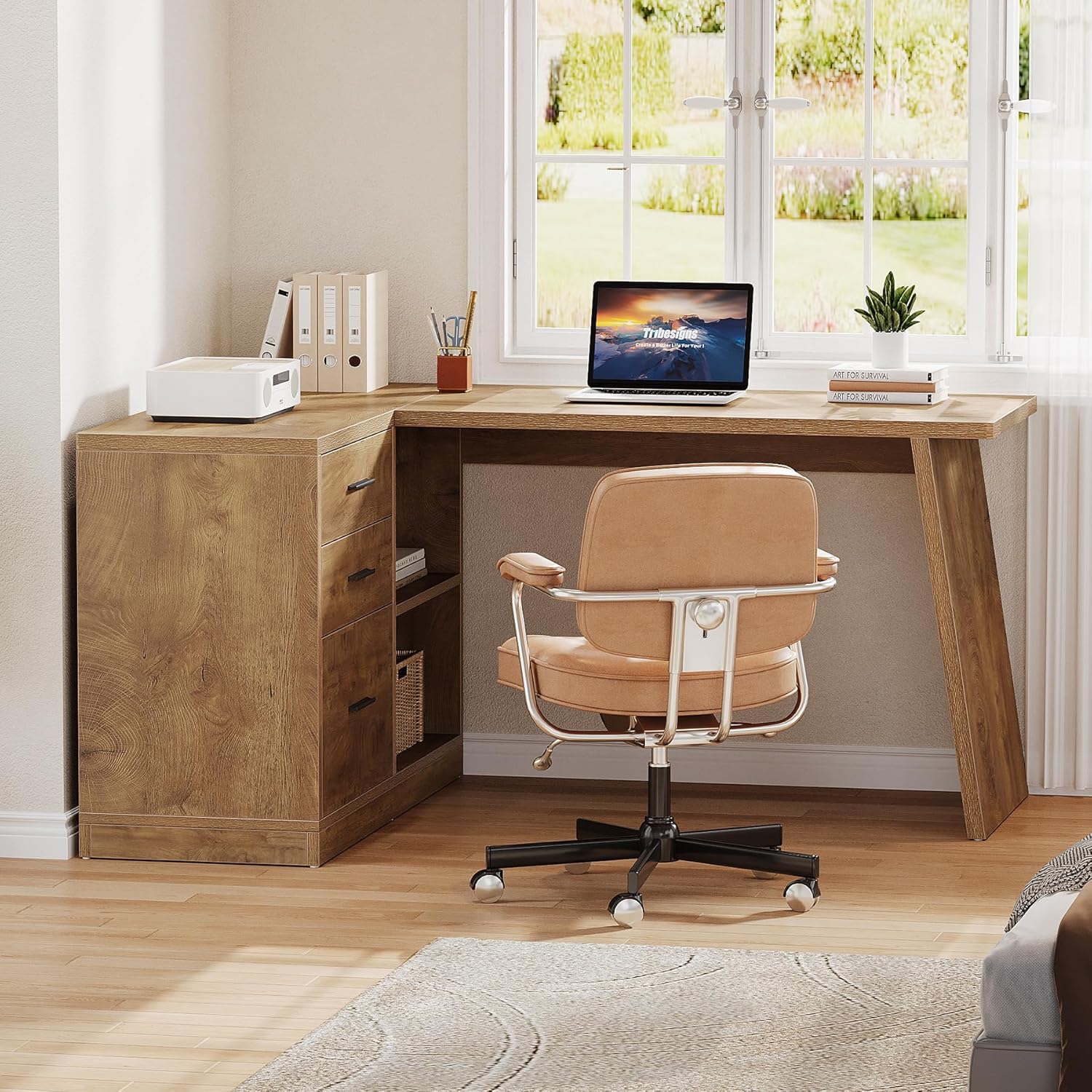 55" L - Shaped Computer Desk, Corner Executive Desk Home Office Desk with 3 Drawers Tribesigns