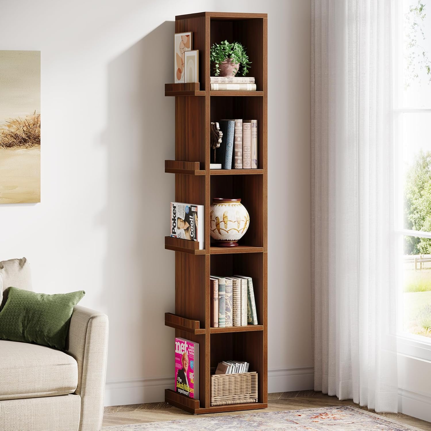 70.9" Narrow Bookcase, 5 - Tier Slim Cube Bookshelf with Side Storage Tribesigns