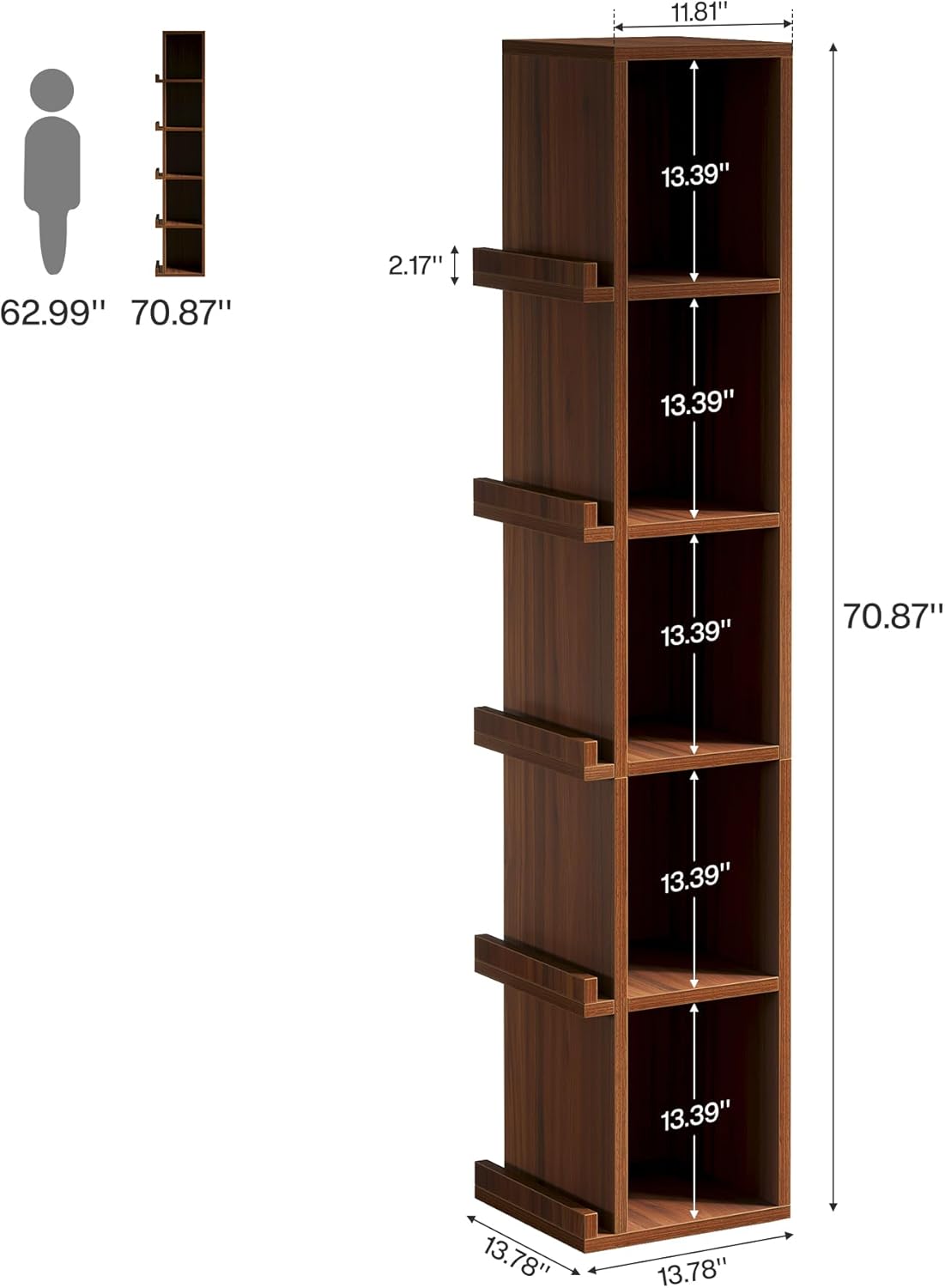 70.9" Narrow Bookcase, 5 - Tier Slim Cube Bookshelf with Side Storage Tribesigns