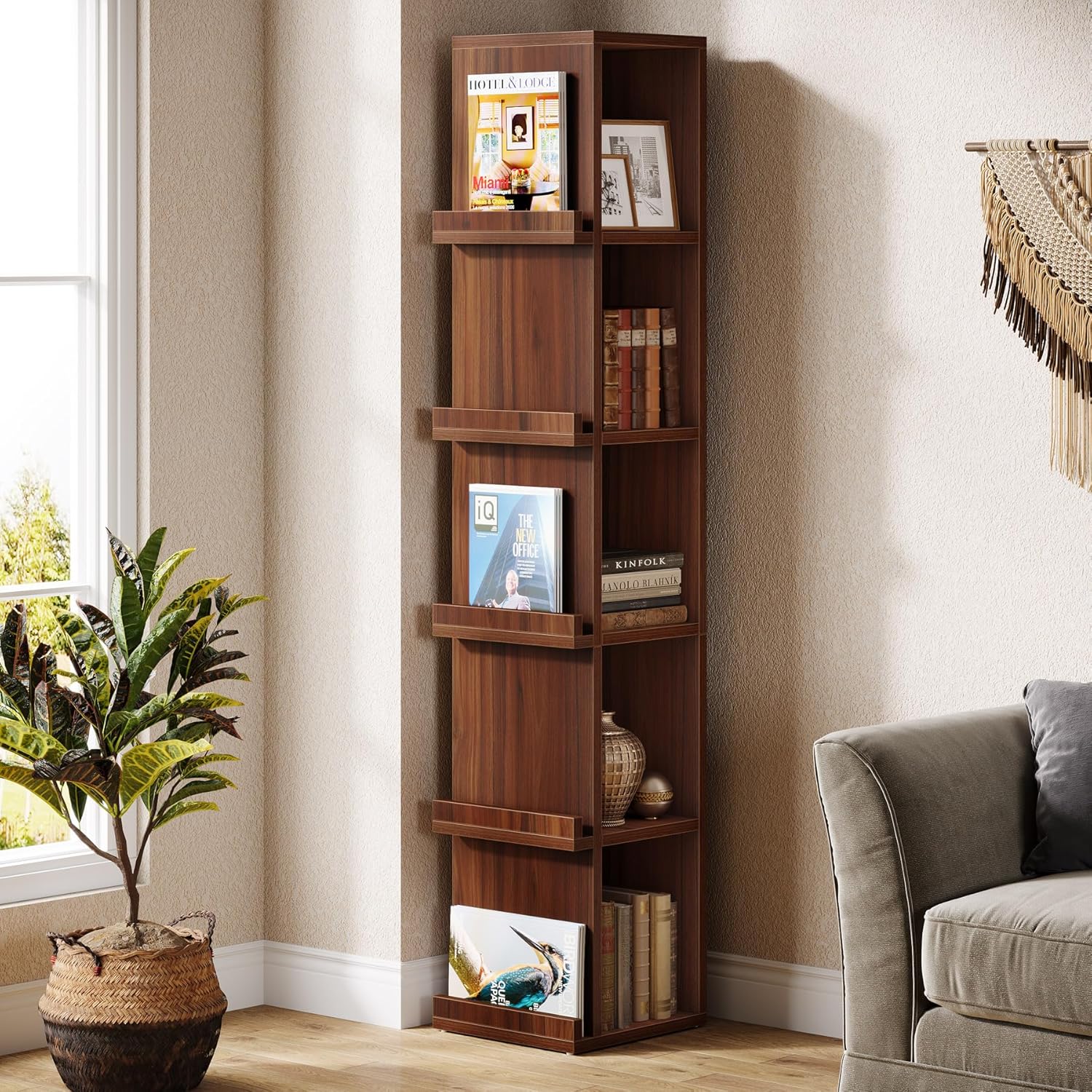 70.9" Narrow Bookcase, 5 - Tier Slim Cube Bookshelf with Side Storage Tribesigns
