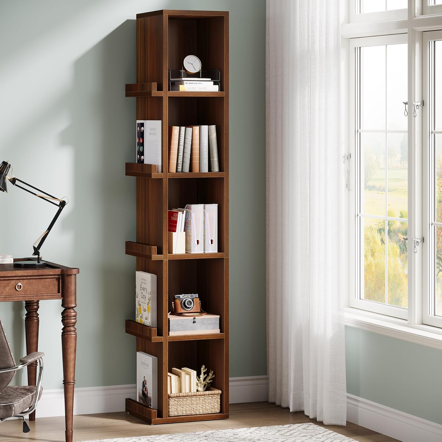 70.9" Narrow Bookcase, 5 - Tier Slim Cube Bookshelf with Side Storage Tribesigns