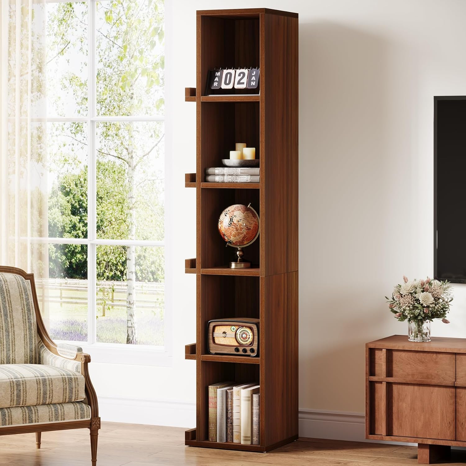 70.9" Narrow Bookcase, 5 - Tier Slim Cube Bookshelf with Side Storage Tribesigns