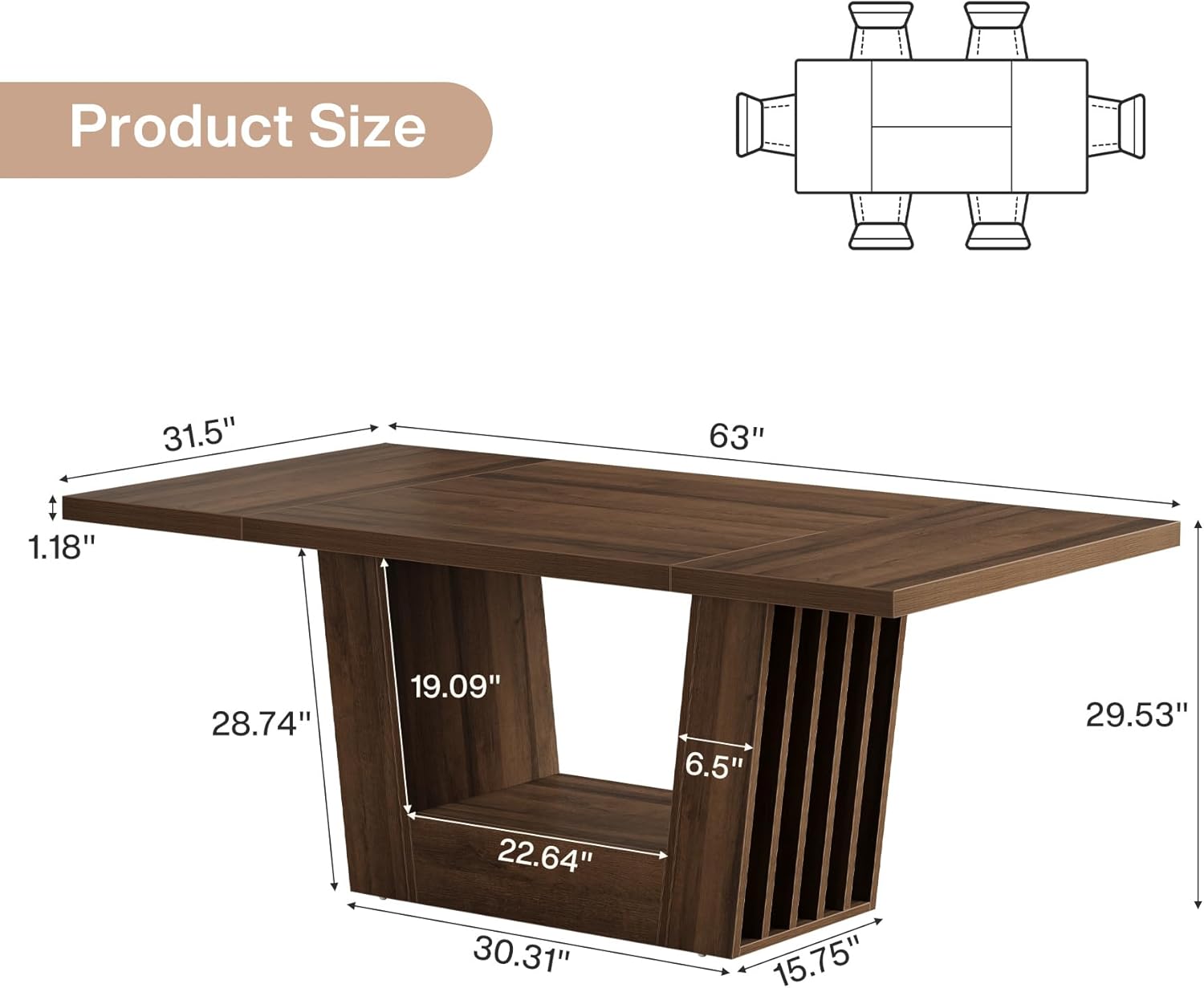 63" Dining Table for 4 - 6, Farmhouse Kitchen Dinner Table with Heavy - Duty Base Tribesigns