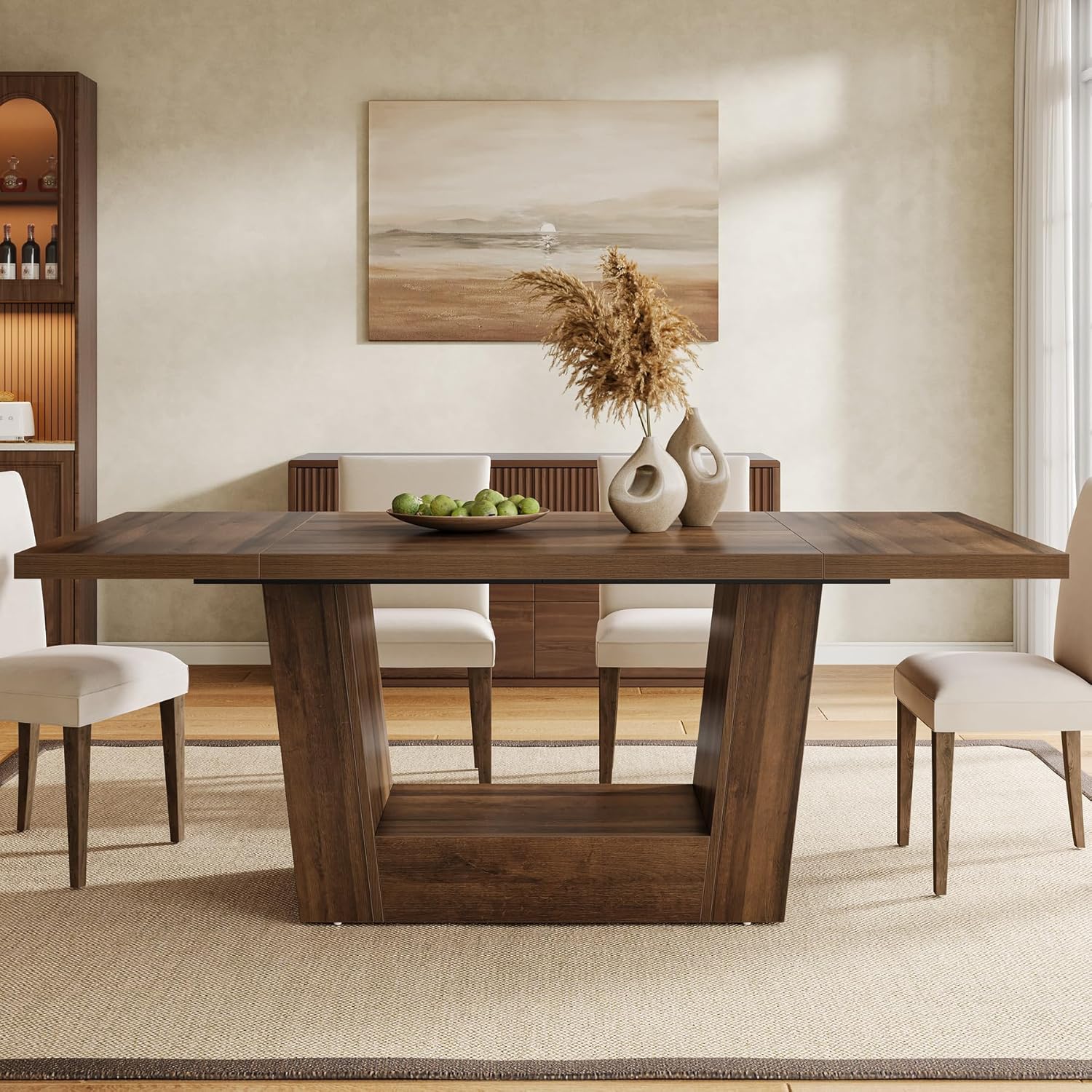 63" Dining Table for 4 - 6, Farmhouse Kitchen Dinner Table with Heavy - Duty Base Tribesigns