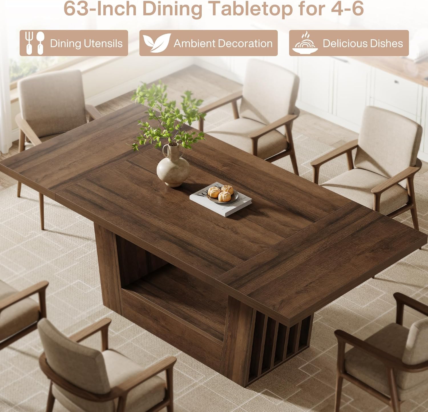 63" Dining Table for 4 - 6, Farmhouse Kitchen Dinner Table with Heavy - Duty Base Tribesigns