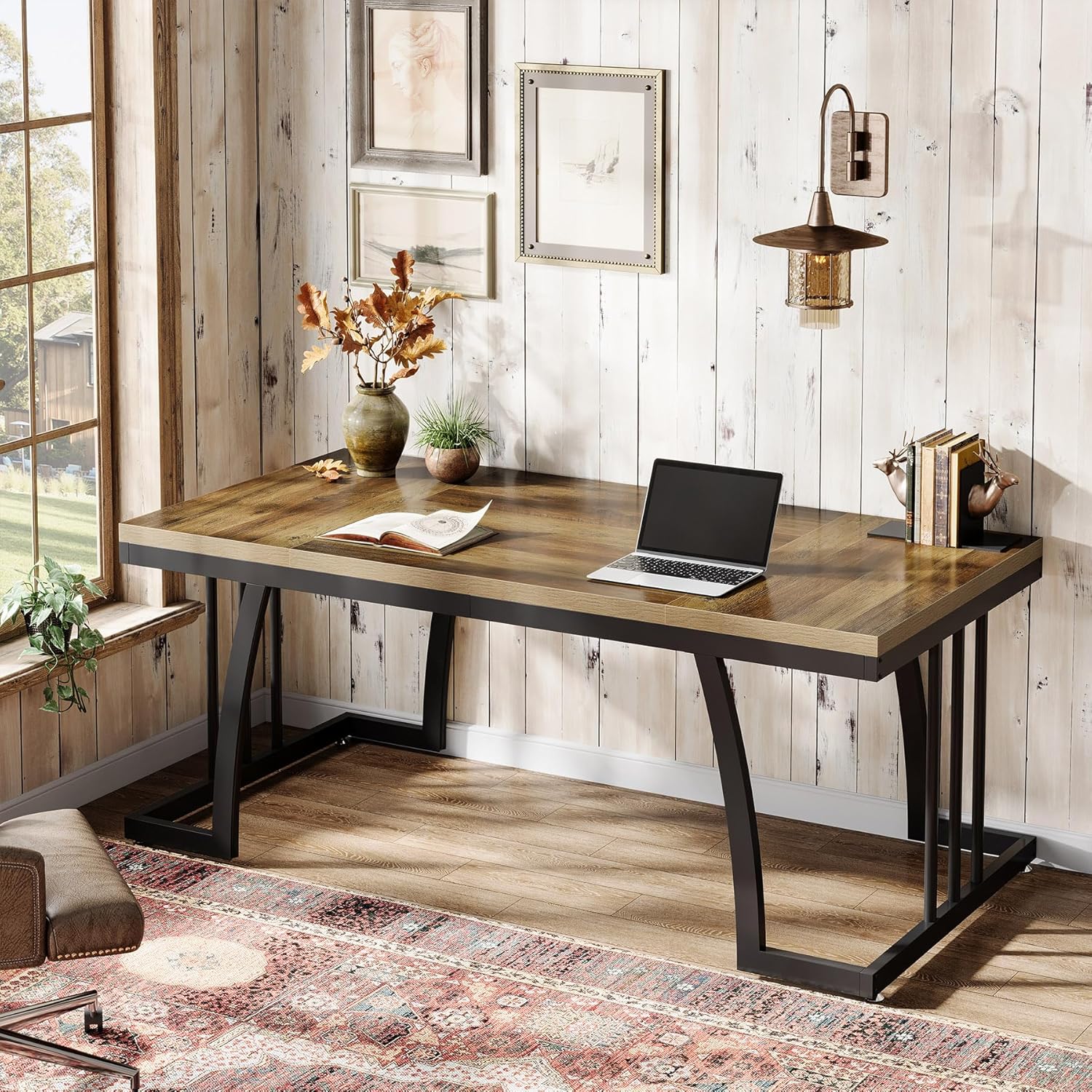 63" Executive Desk, Large Computer Desk with Thick Wooden Desktop Tribesigns