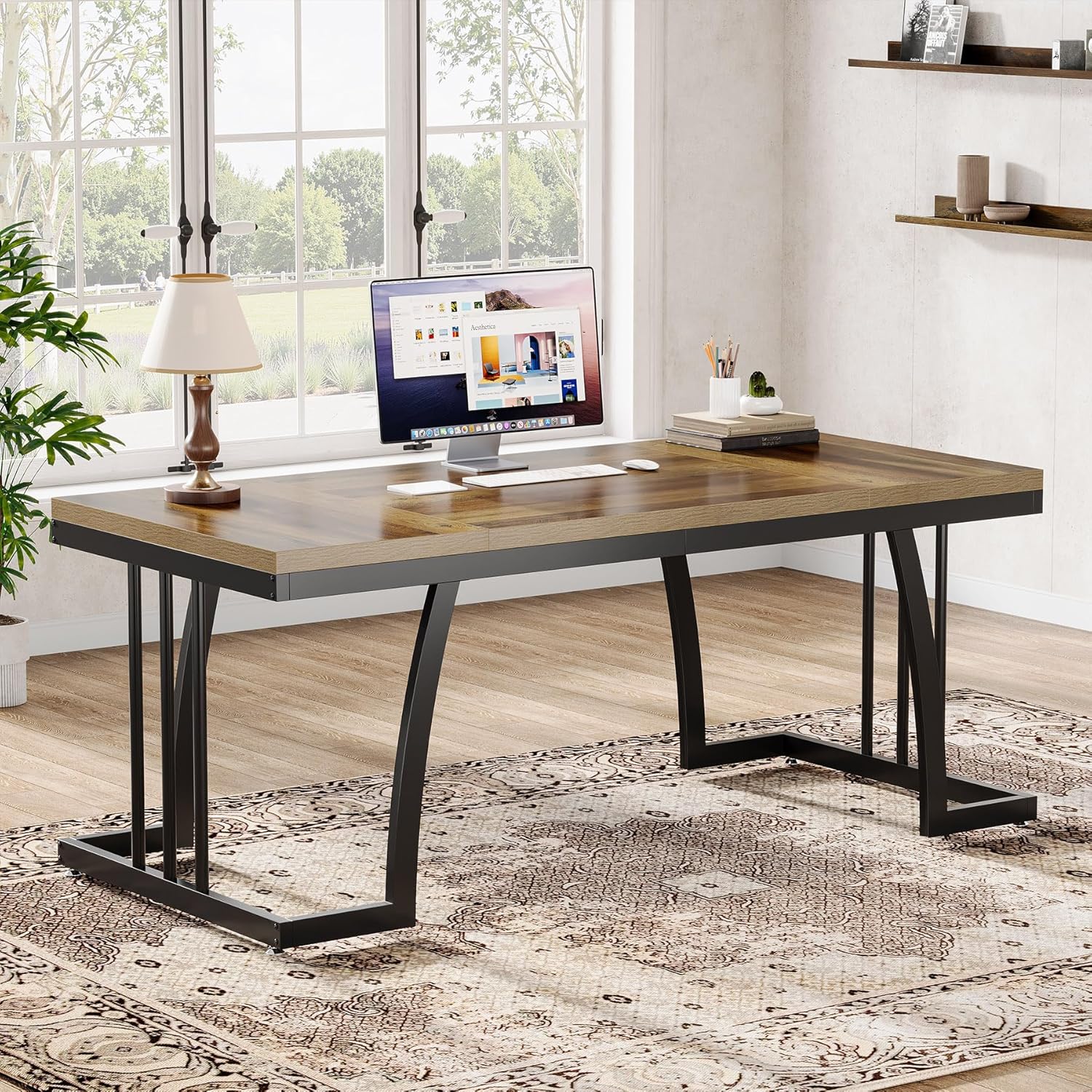 63" Executive Desk, Large Computer Desk with Thick Wooden Desktop Tribesigns