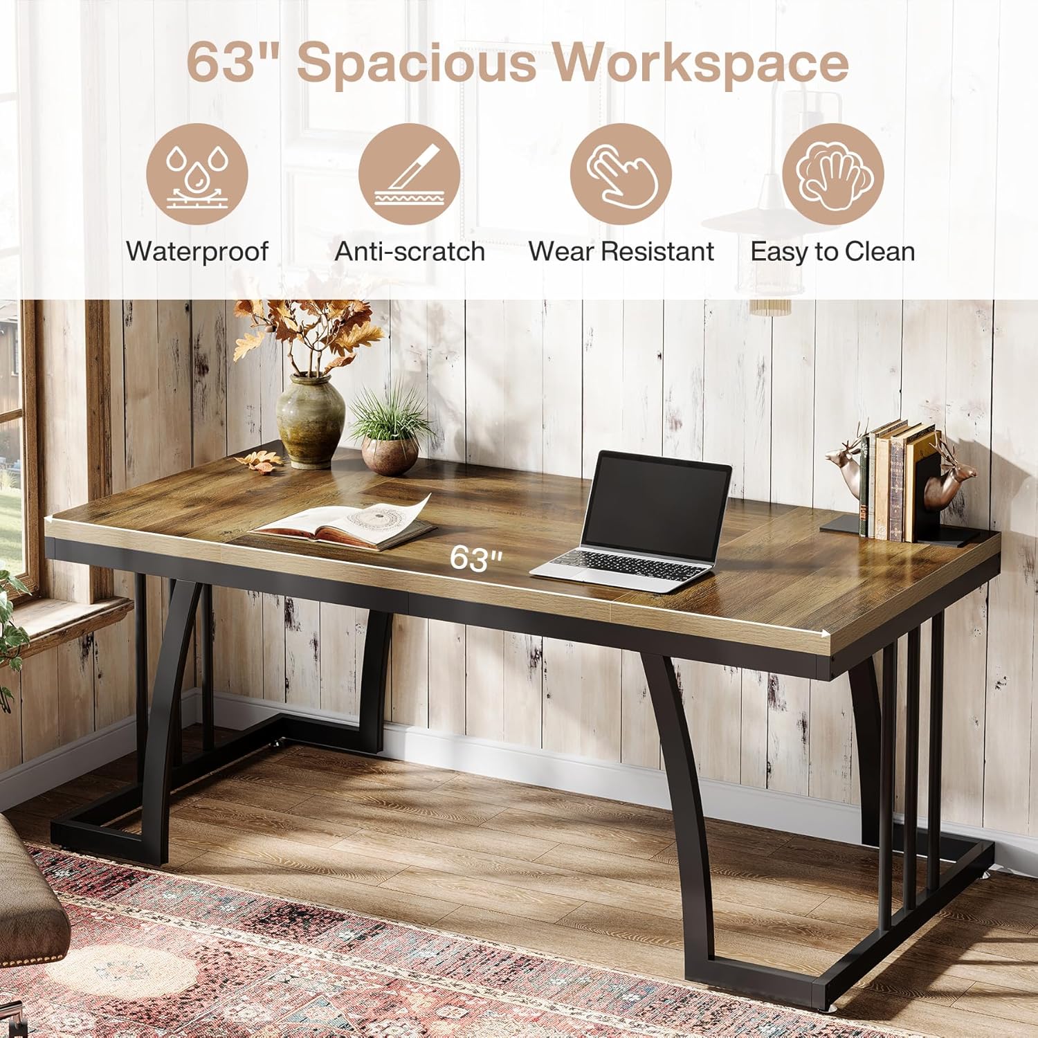 63" Executive Desk, Large Computer Desk with Thick Wooden Desktop Tribesigns