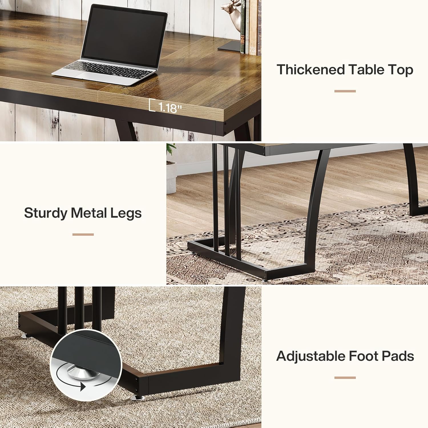 63" Executive Desk, Large Computer Desk with Thick Wooden Desktop Tribesigns