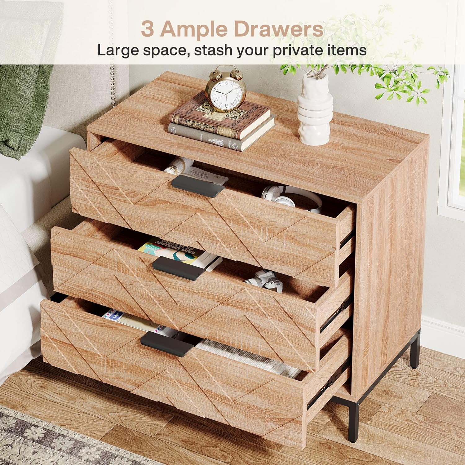 31.5" Wide Nightstand, Modern Large Bedside End Table with 3 Drawers Tribesigns