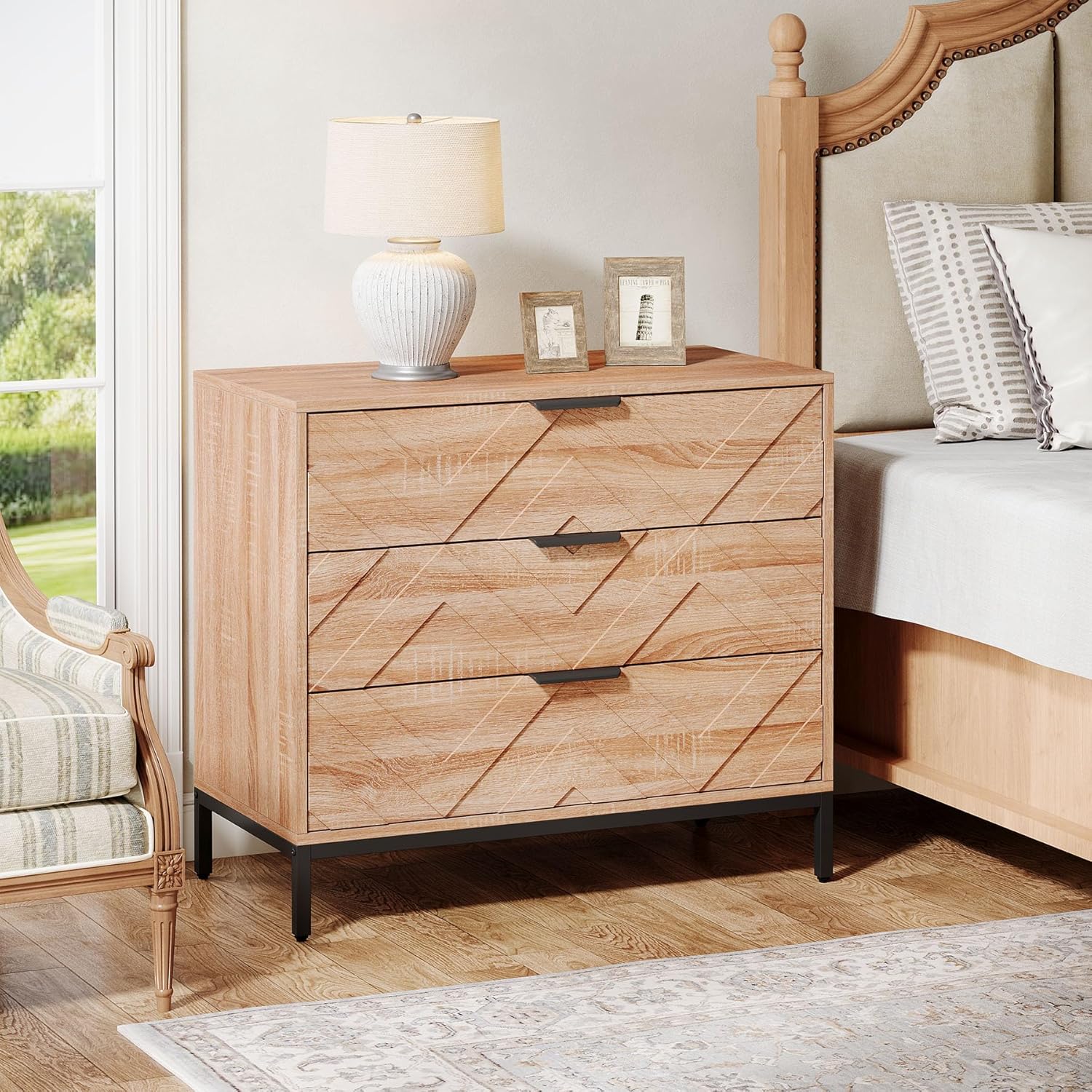 31.5" Wide Nightstand, Modern Large Bedside End Table with 3 Drawers Tribesigns