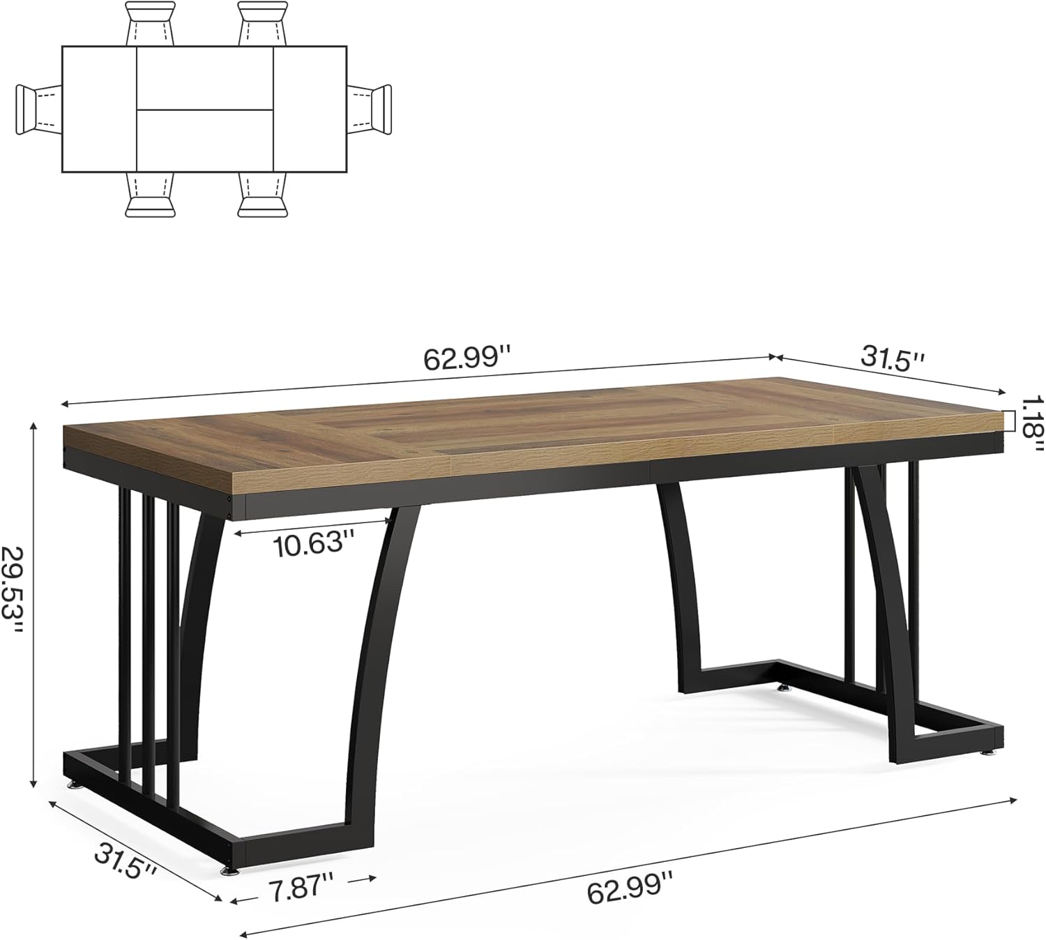 63" Farmhouse Dining Table, Rectangular Kitchen Table for 4 - 6 People Tribesigns