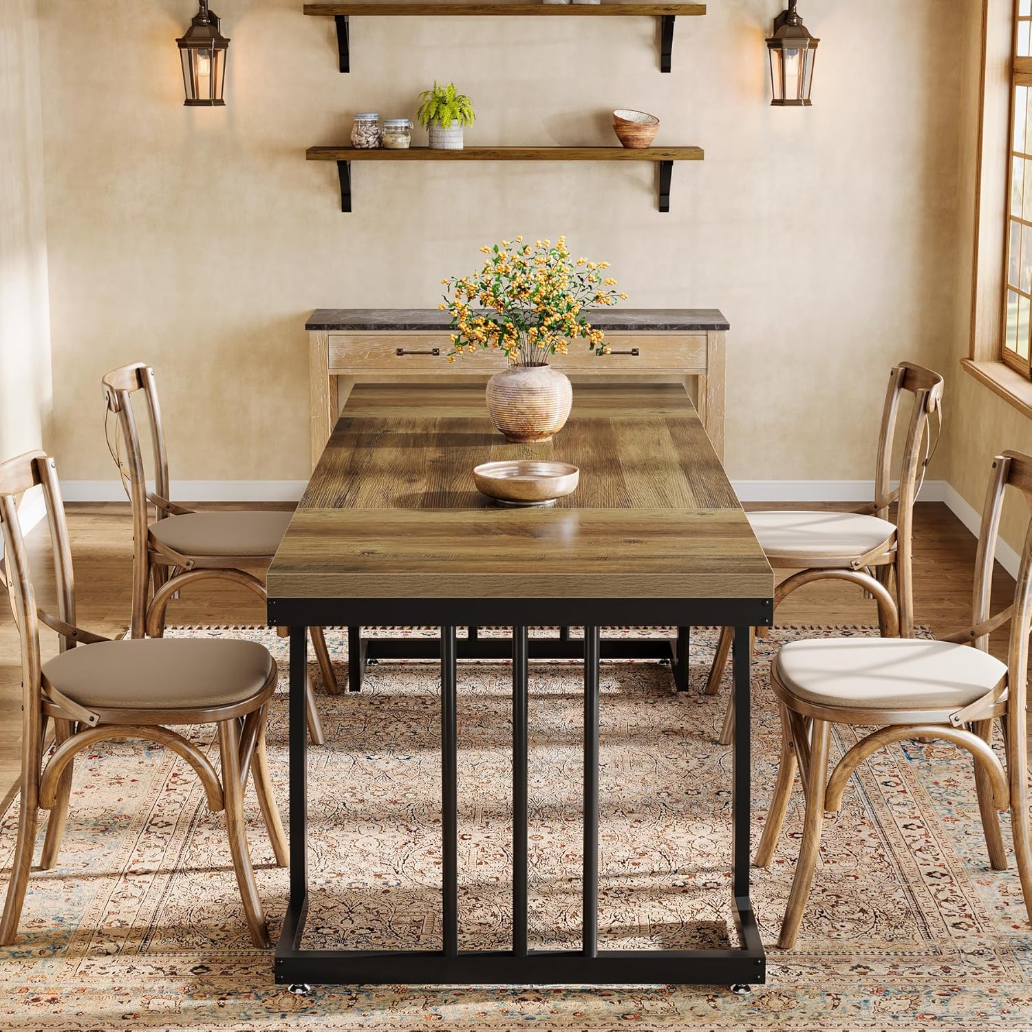 63" Farmhouse Dining Table, Rectangular Kitchen Table for 4 - 6 People Tribesigns