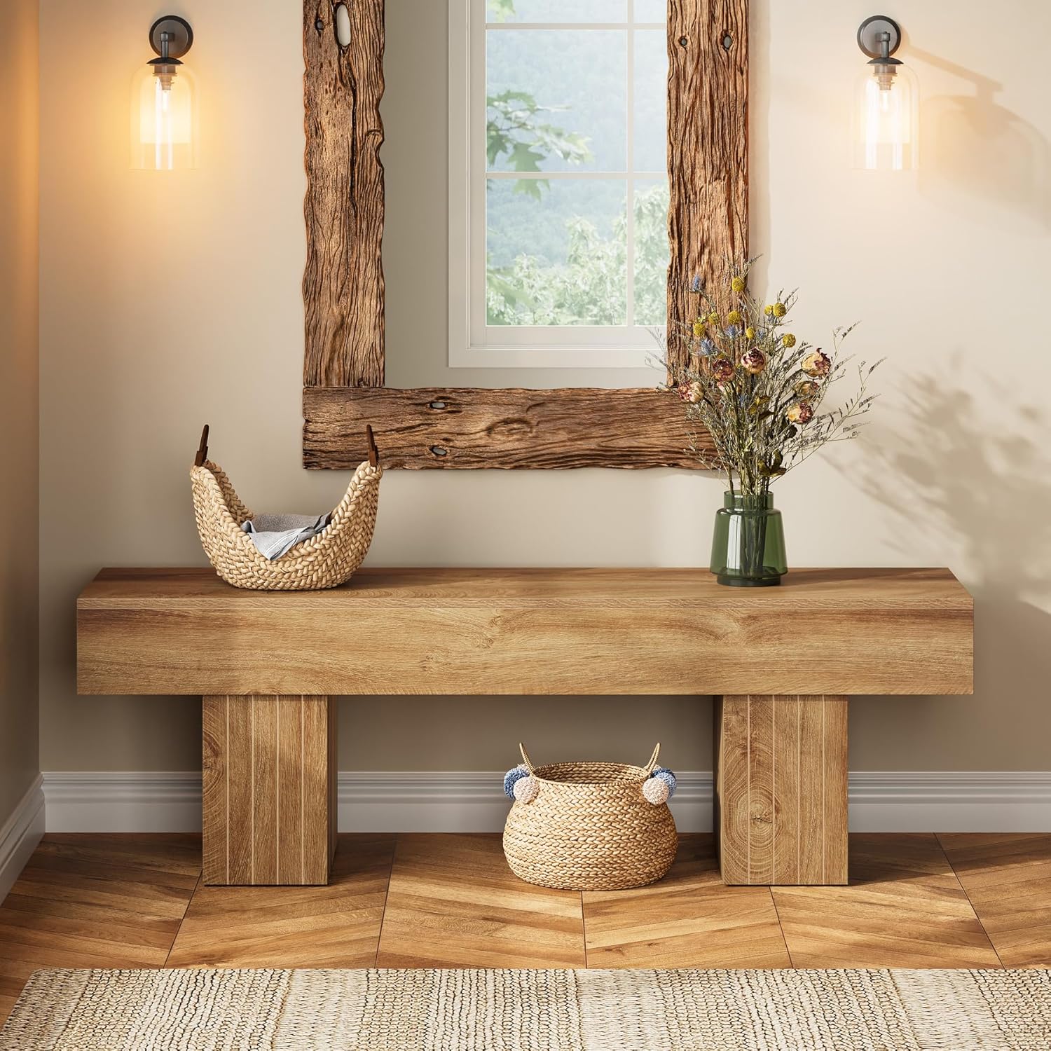 55" Entryway Bench, Farmhouse End of Bed Bench Long Dining Bench Tribesigns