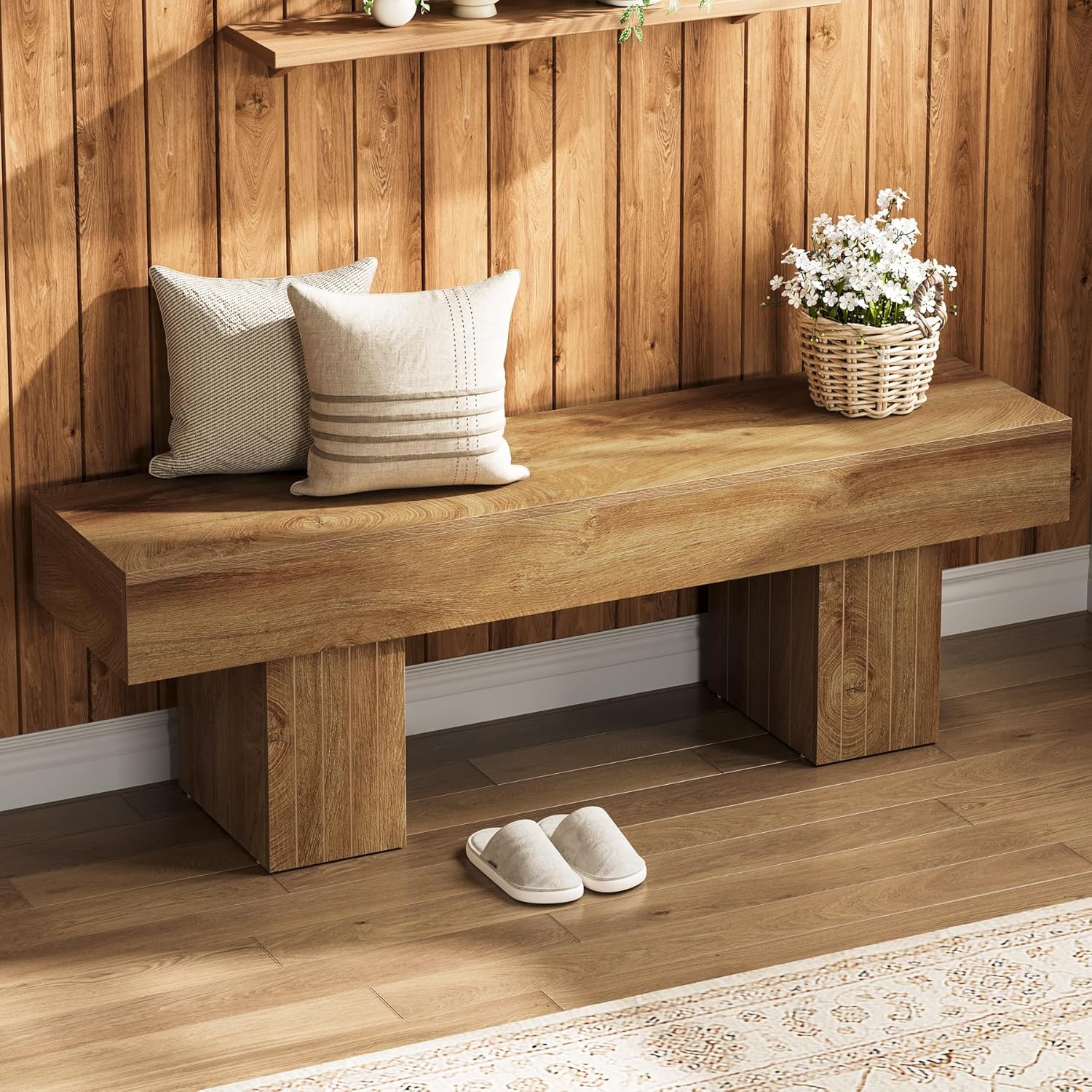 55" Entryway Bench, Farmhouse End of Bed Bench Long Dining Bench Tribesigns