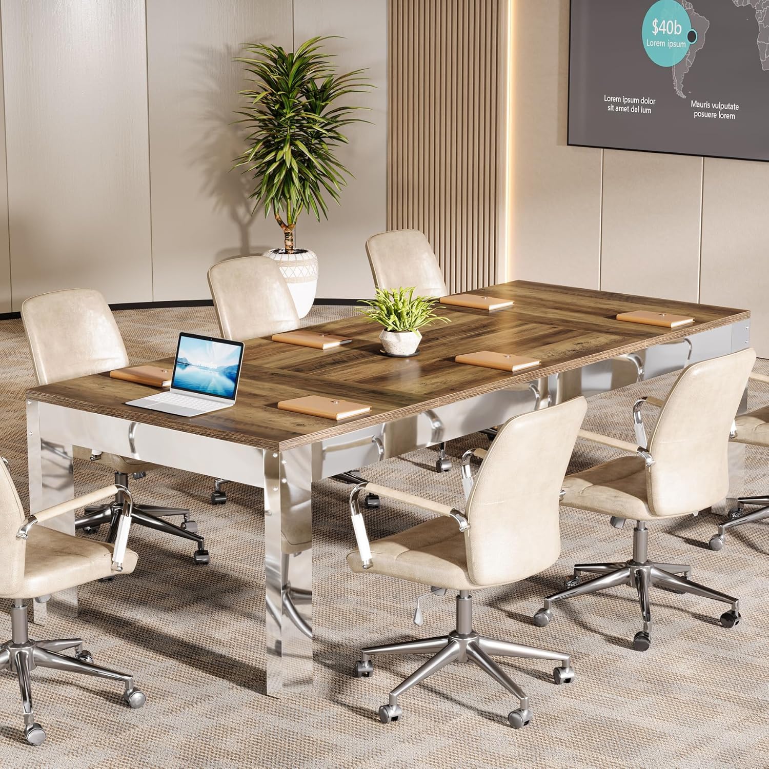 6.5FT Conference Table, 78" Executive Desk with Mirrored Metal Legs for 8 - 10 Tribesigns
