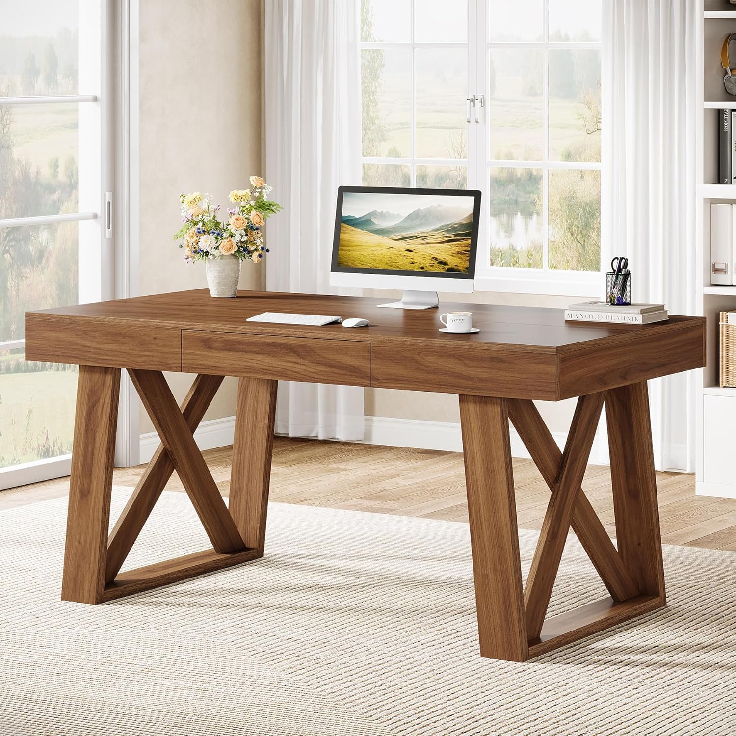 55" Executive Desk, Modern Computer Office Desk with Drawer Tribesigns